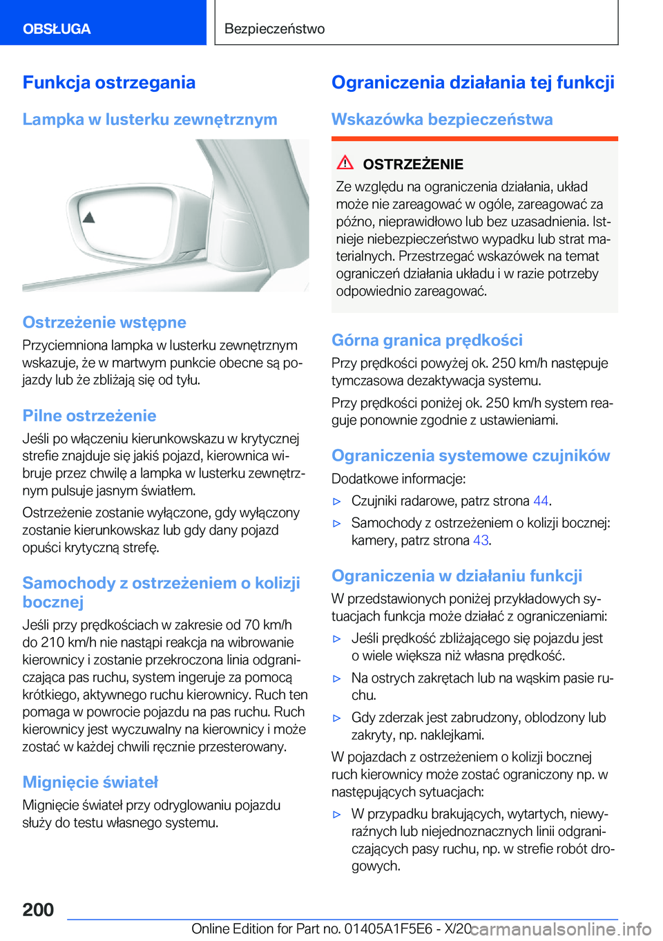 BMW X4 M 2021  Instrukcja obsługi (in Polish) �F�u�n�k�c�j�a��o�s�t�r�z�e�g�a�n�i�a
�L�a�m�p�k�a��w��l�u�s�t�e�r�k�u��z�e�w�n�