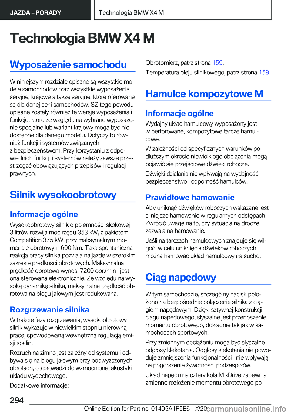BMW X4 M 2021  Instrukcja obsługi (in Polish) �T�e�c�h�n�o�l�o�g�i�a��B�M�W��X�4��M�W�y�p�o�s�a9�e�n�i�e��s�a�m�o�c�h�o�d�u
�W��n�i�n�i�e�j�s�z�y�m��r�o�z�d�z�i�a�l�e��o�p�i�s�a�n�e��s�
