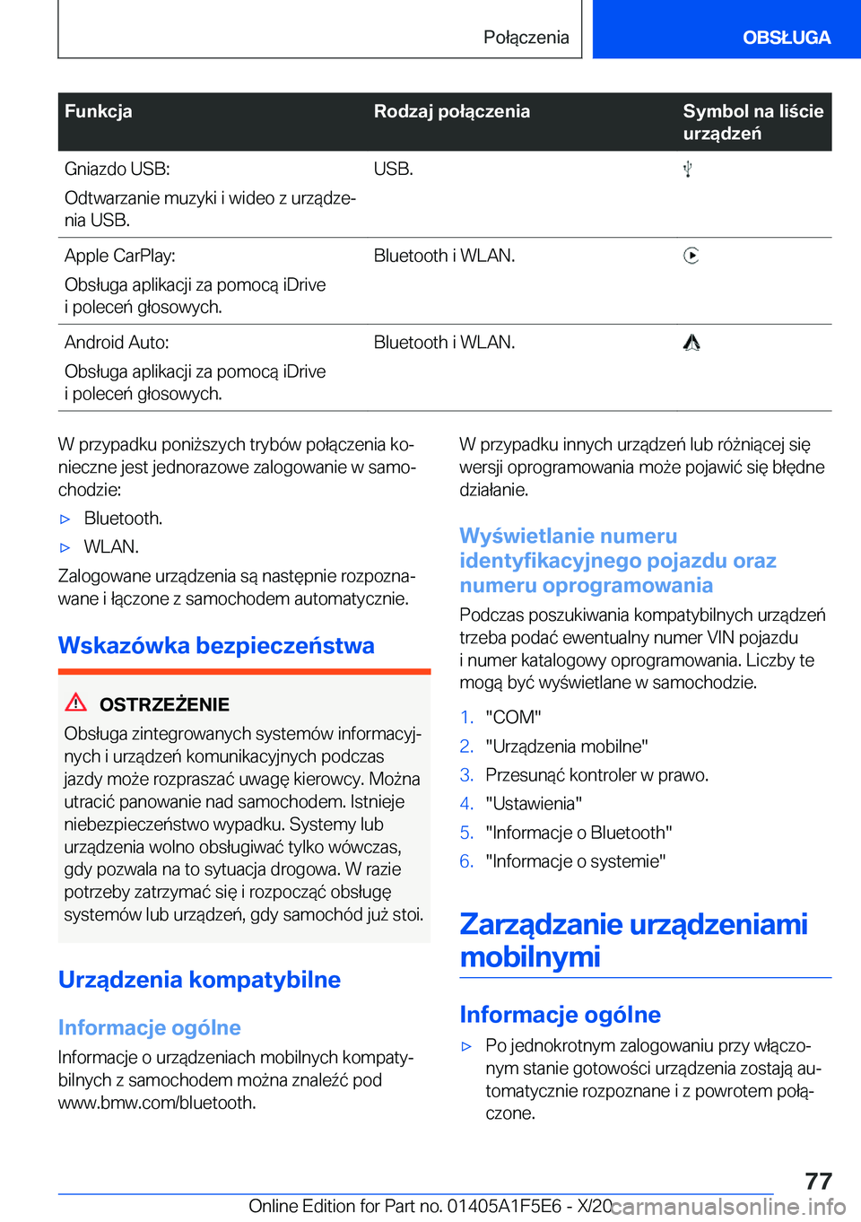 BMW X4 M 2021  Instrukcja obsługi (in Polish) �F�u�n�k�c�j�a�R�o�d�z�a�j��p�o�ł�ą�c�z�e�n�i�a�S�y�m�b�o�l��n�a��l�i�c�i�e
�u�r�z�ą�d�z�e�