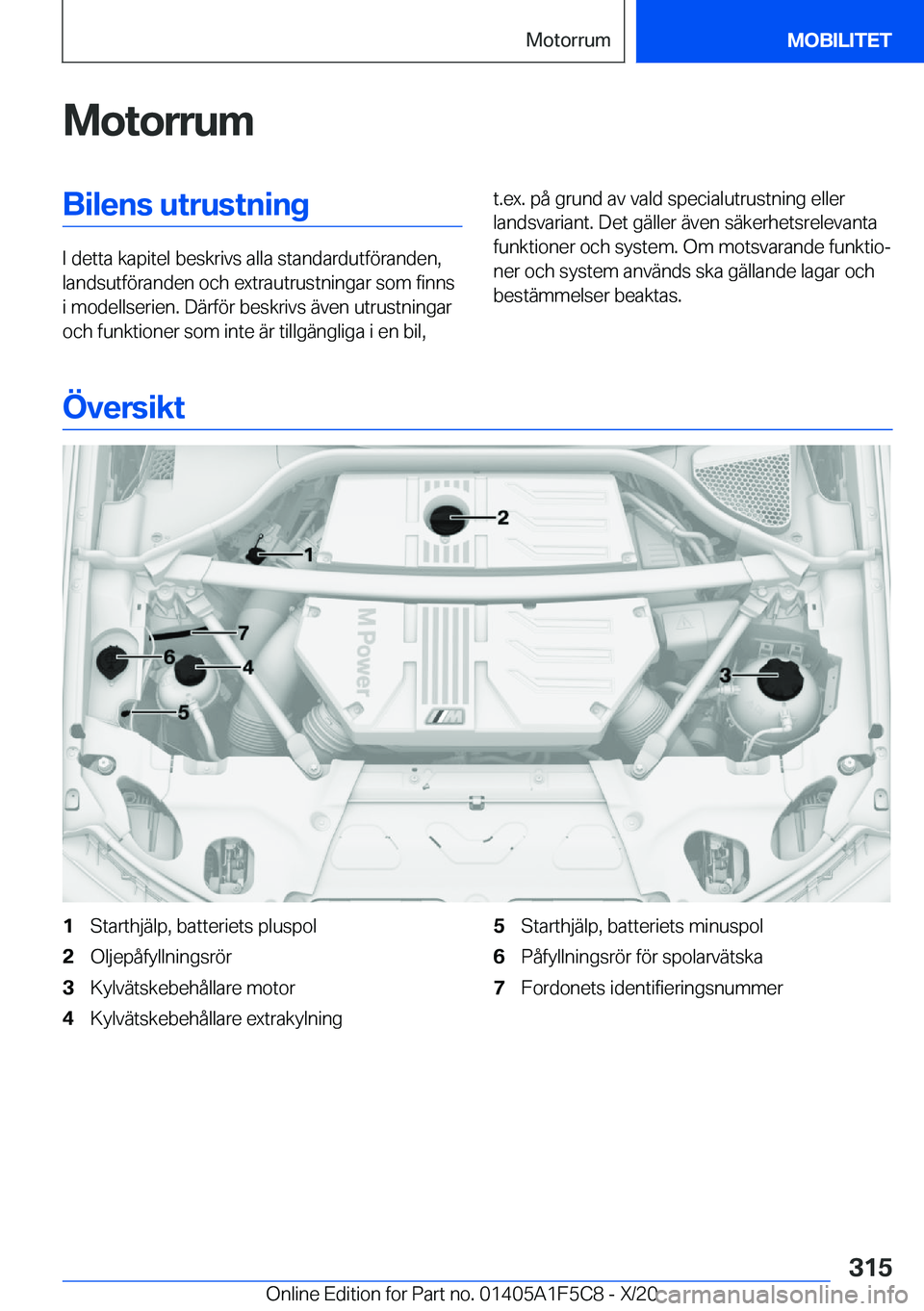 BMW X4 M 2021  InstruktionsbÖcker (in Swedish) �M�o�t�o�r�r�u�m�B�i�l�e�n�s��u�t�r�u�s�t�n�i�n�g
�I��d�e�t�t�a��k�a�p�i�t�e�l��b�e�s�k�r�i�v�s��a�l�l�a��s�t�a�n�d�a�r�d�u�t�f�