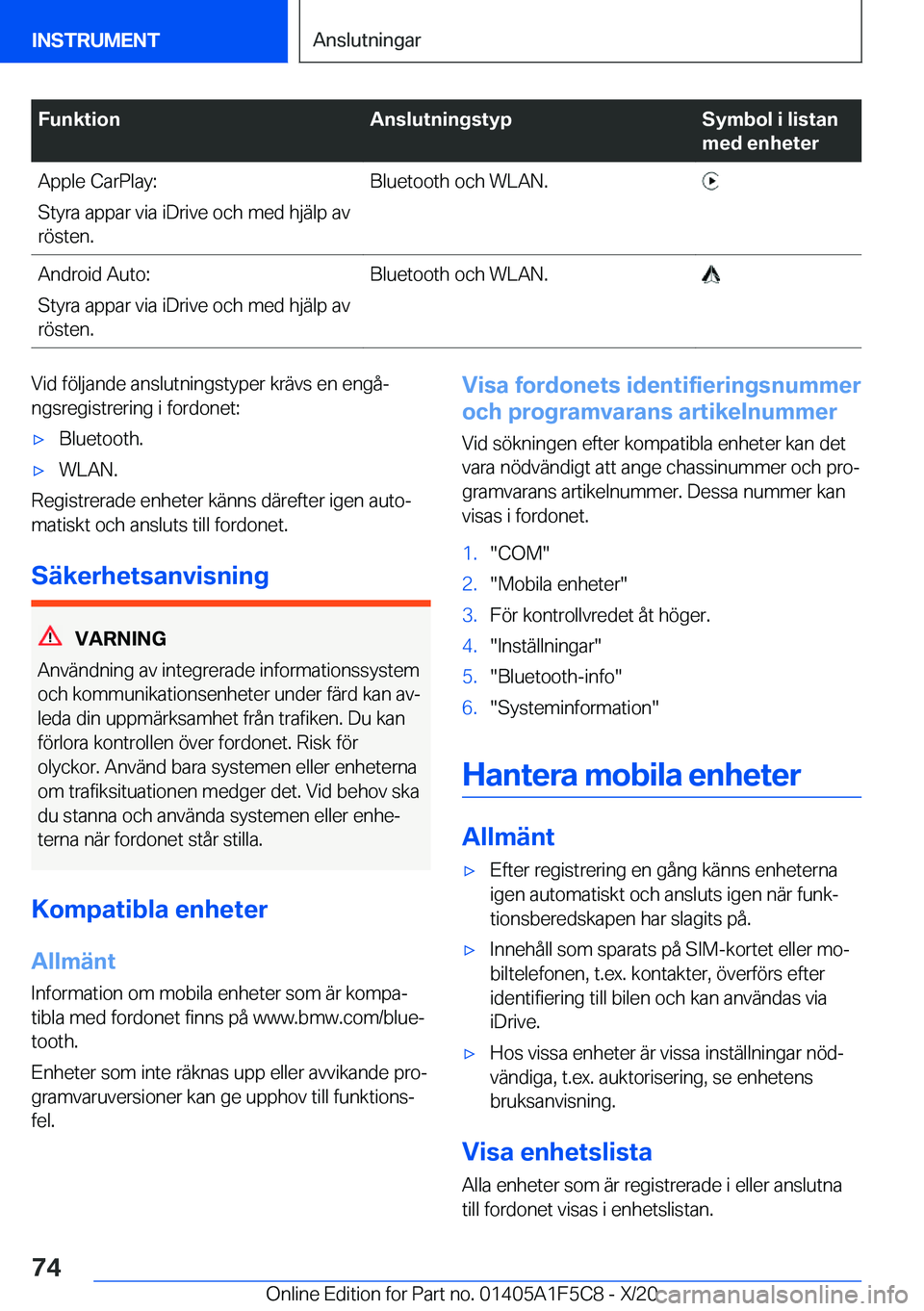 BMW X4 M 2021  InstruktionsbÖcker (in Swedish) �F�u�n�k�t�i�o�n�A�n�s�l�u�t�n�i�n�g�s�t�y�p�S�y�m�b�o�l��i��l�i�s�t�a�n
�m�e�d��e�n�h�e�t�e�r�A�p�p�l�e��C�a�r�P�l�a�y�:
�S�t�y�r�a��a�p�p�a�r��v�i�a��i�D�r�i�v�e��o�c�h��m�e�d��h�j�ä�l�p�