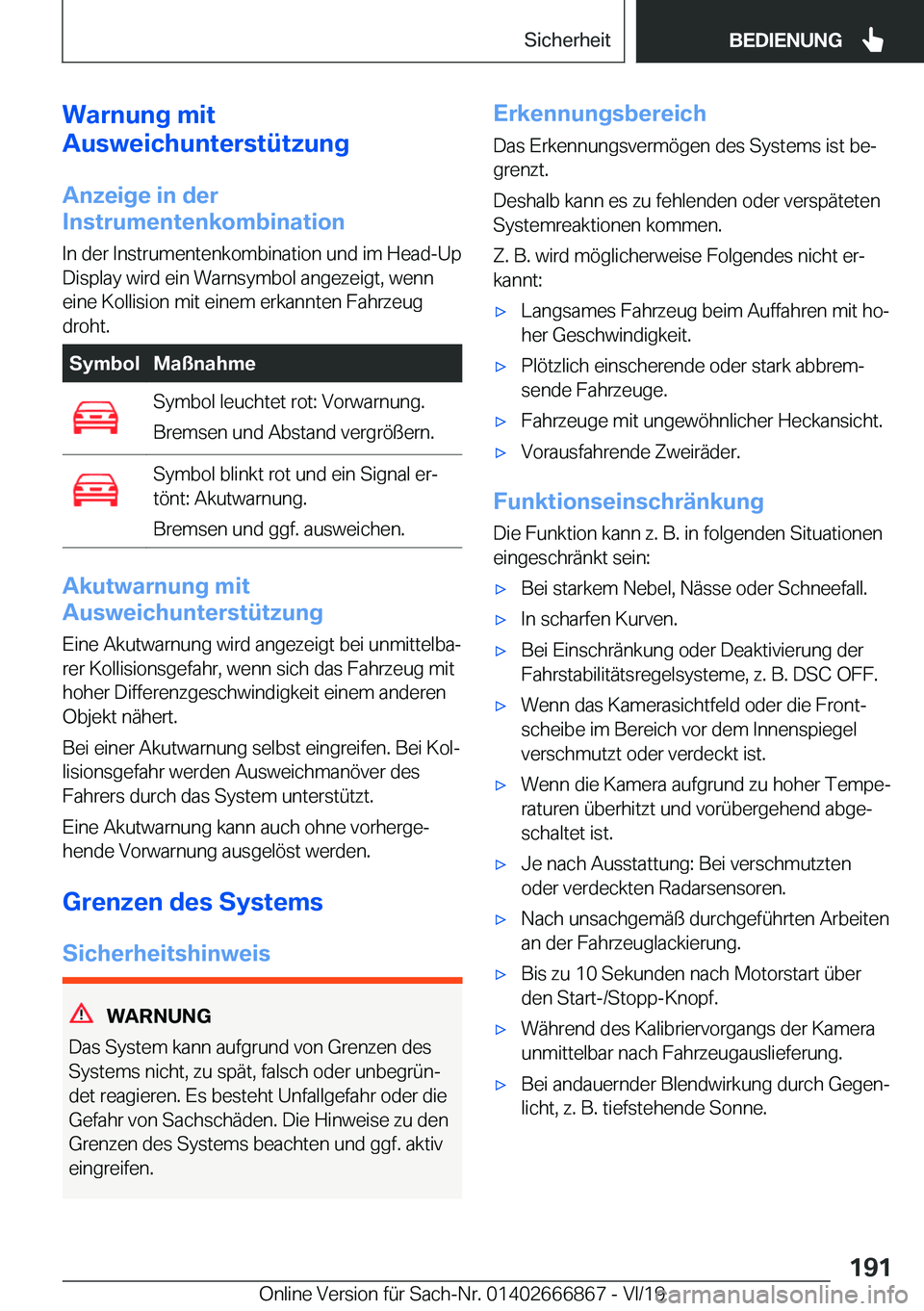BMW X4 M 2020  Betriebsanleitungen (in German) �W�a�r�n�u�n�g��m�i�t
�A�u�s�w�e�i�c�h�u�n�t�e�r�s�t�