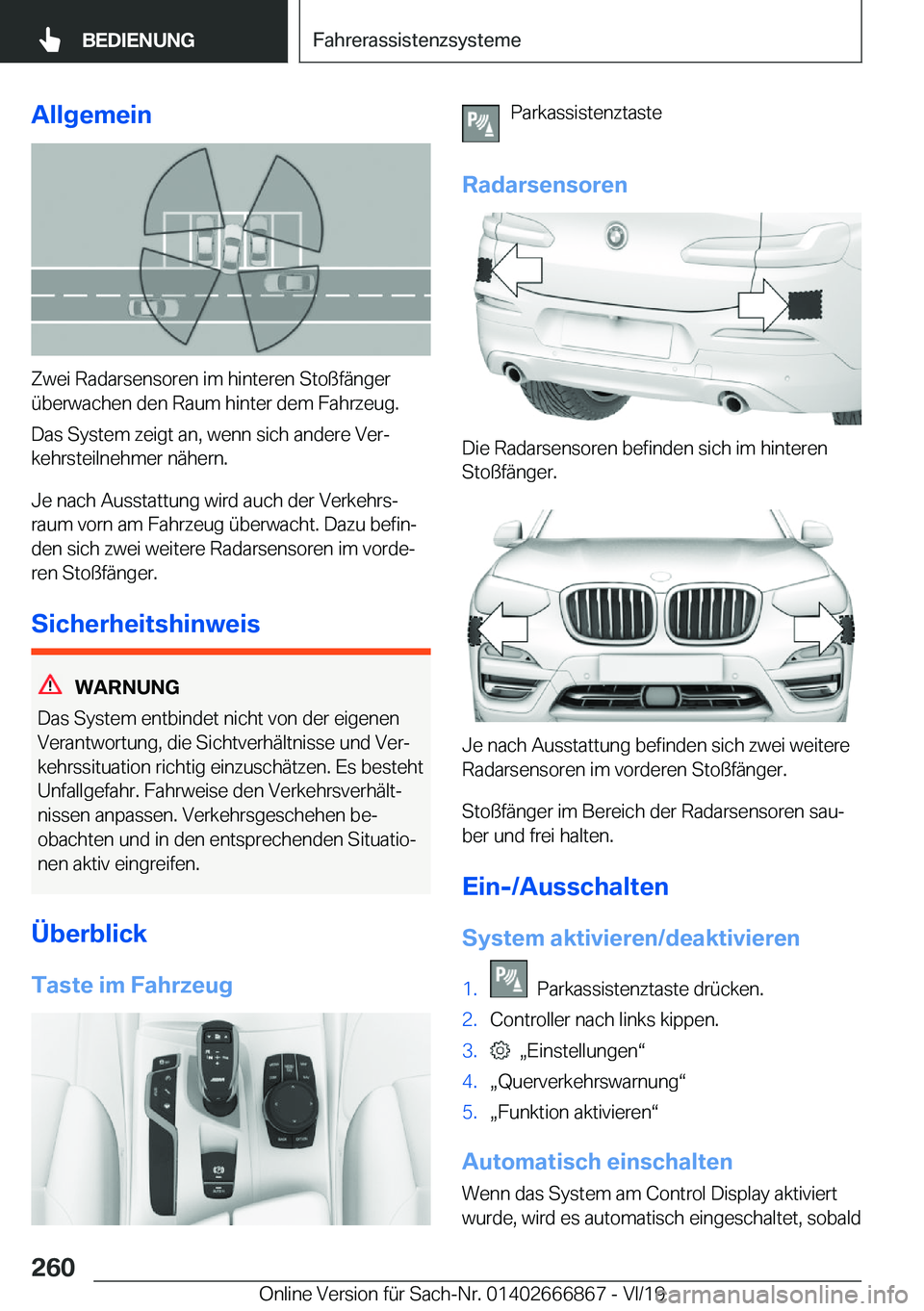 BMW X4 M 2020  Betriebsanleitungen (in German) �A�l�l�g�e�m�e�i�n
�Z�w�e�i��R�a�d�a�r�s�e�n�s�o�r�e�n��i�m��h�i�n�t�e�r�e�n��S�t�o�