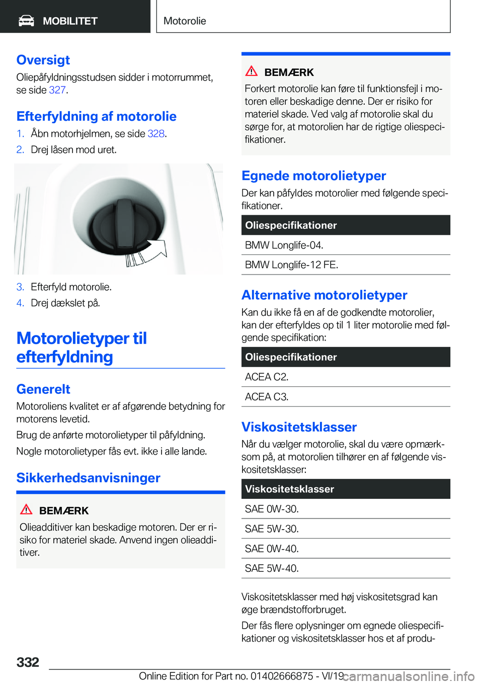 BMW X4 M 2020  InstruktionsbØger (in Danish) �O�v�e�r�s�i�g�t
�O�l�i�e�p�å�f�y�l�d�n�i�n�g�s�s�t�u�d�s�e�n��s�i�d�d�e�r��i��m�o�t�o�r�r�u�m�m�e�t�, �s�e��s�i�d�e� �3�2�7�.
�E�f�t�e�r�f�y�l�d�n�i�n�g��a�f��m�o�t�o�r�o�l�i�e�1�.�Å�b�n��m
