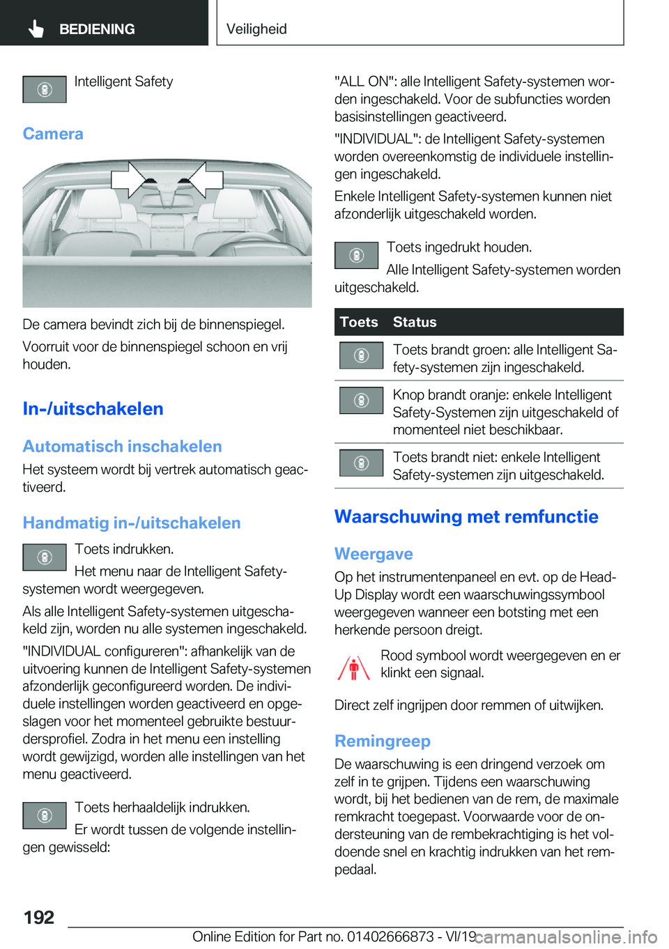 BMW X4 M 2020  Instructieboekjes (in Dutch) �I�n�t�e�l�l�i�g�e�n�t��S�a�f�e�t�y
�C�a�m�e�r�a
�D�e��c�a�m�e�r�a��b�e�v�i�n�d�t��z�i�c�h��b�i�j��d�e��b�i�n�n�e�n�s�p�i�e�g�e�l�. �V�o�o�r�r�u�i�t��v�o�o�r��d�e��b�i�n�n�e�n�s�p�i�e�g�e�l�