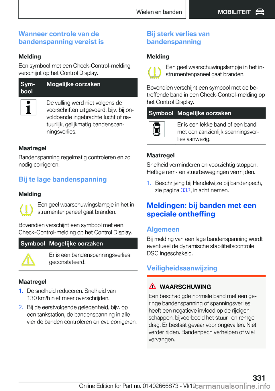 BMW X4 M 2020  Instructieboekjes (in Dutch) �W�a�n�n�e�e�r��c�o�n�t�r�o�l�e��v�a�n��d�e
�b�a�n�d�e�n�s�p�a�n�n�i�n�g��v�e�r�e�i�s�t��i�s
�M�e�l�d�i�n�g
�E�e�n��s�y�m�b�o�o�l��m�e�t��e�e�n��C�h�e�c�k�-�C�o�n�t�r�o�l�-�m�e�l�d�i�n�g
�v�e