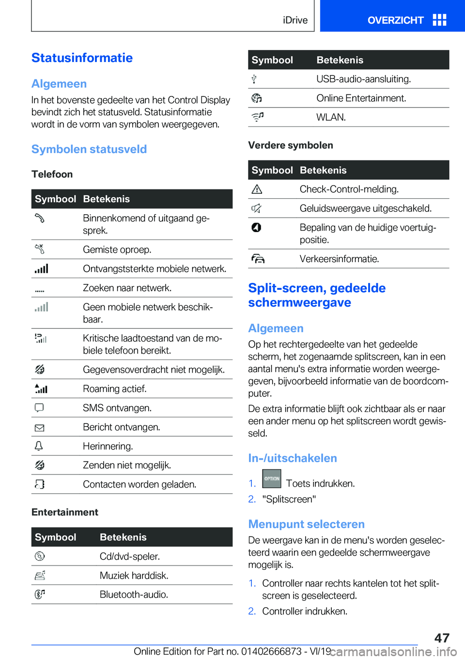 BMW X4 M 2020  Instructieboekjes (in Dutch) �S�t�a�t�u�s�i�n�f�o�r�m�a�t�i�e
�A�l�g�e�m�e�e�n �I�n��h�e�t��b�o�v�e�n�s�t�e��g�e�d�e�e�l�t�e��v�a�n��h�e�t��C�o�n�t�r�o�l��D�i�s�p�l�a�y�b�e�v�i�n�d�t��z�i�c�h��h�e�t��s�t�a�t�u�s�v�e�l�d