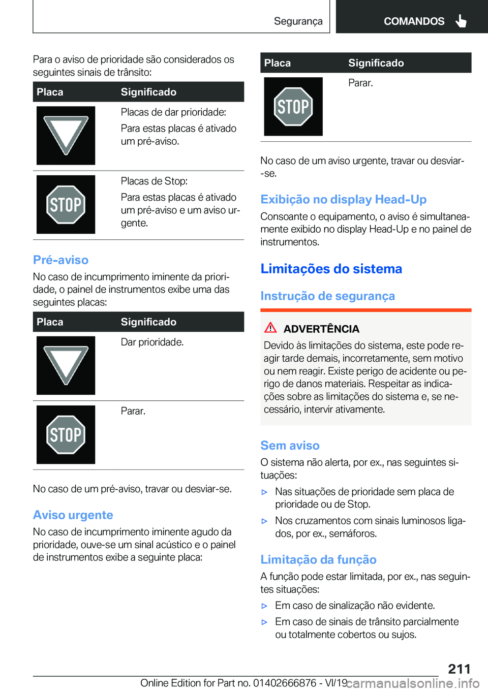 BMW X4 M 2020  Manual do condutor (in Portuguese) �P�a�r�a��o��a�v�i�s�o��d�e��p�r�i�o�r�i�d�a�d�e��s�ã�o��c�o�n�s�i�d�e�r�a�d�o�s��o�s�s�e�g�u�i�n�t�e�s��s�i�n�a�i�s��d�e��t�r�â�n�s�i�t�o�:�P�l�a�c�a�S�i�g�n�i�f�i�c�a�d�o�P�l�a�c�a�s��d