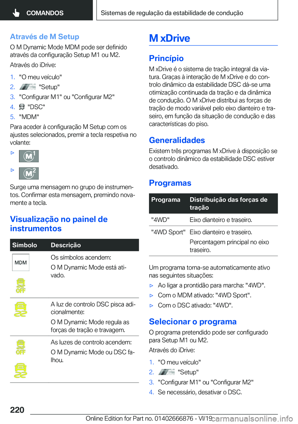 BMW X4 M 2020  Manual do condutor (in Portuguese) �A�t�r�a�v�é�s��d�e��M��S�e�t�u�p
�O��M��D�y�n�a�m�i�c��M�o�d�e��M�D�M��p�o�d�e��s�e�r��d�e�f�i�n�i�d�o
�a�t�r�a�v�é�s��d�a��c�o�n�f�i�g�u�r�a�