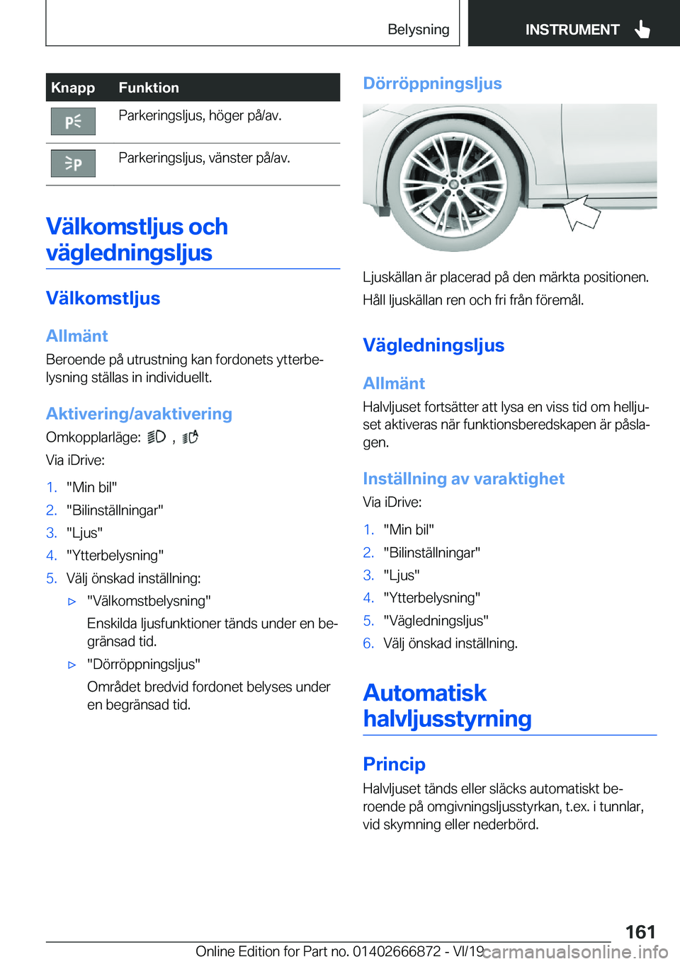 BMW X4 M 2020  InstruktionsbÖcker (in Swedish) �K�n�a�p�p�F�u�n�k�t�i�o�n�P�a�r�k�e�r�i�n�g�s�l�j�u�s�,��h�