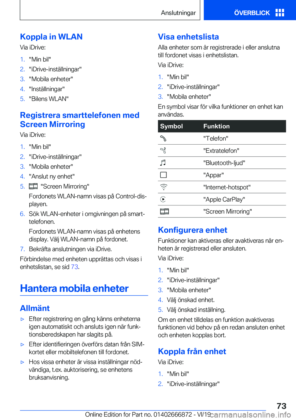 BMW X4 M 2020  InstruktionsbÖcker (in Swedish) �K�o�p�p�l�a��i�n��W�L�A�N
�V�i�a��i�D�r�i�v�e�:�1�.��M�i�n��b�i�l��2�.��i�D�r�i�v�e�-�i�n�s�t�ä�l�l�n�i�n�g�a�r��3�.��M�o�b�i�l�a��e�n�h�e�t�e�r��4�.��I�n�s�t�ä�l�l�n�i�n�g�a�r��5�.��