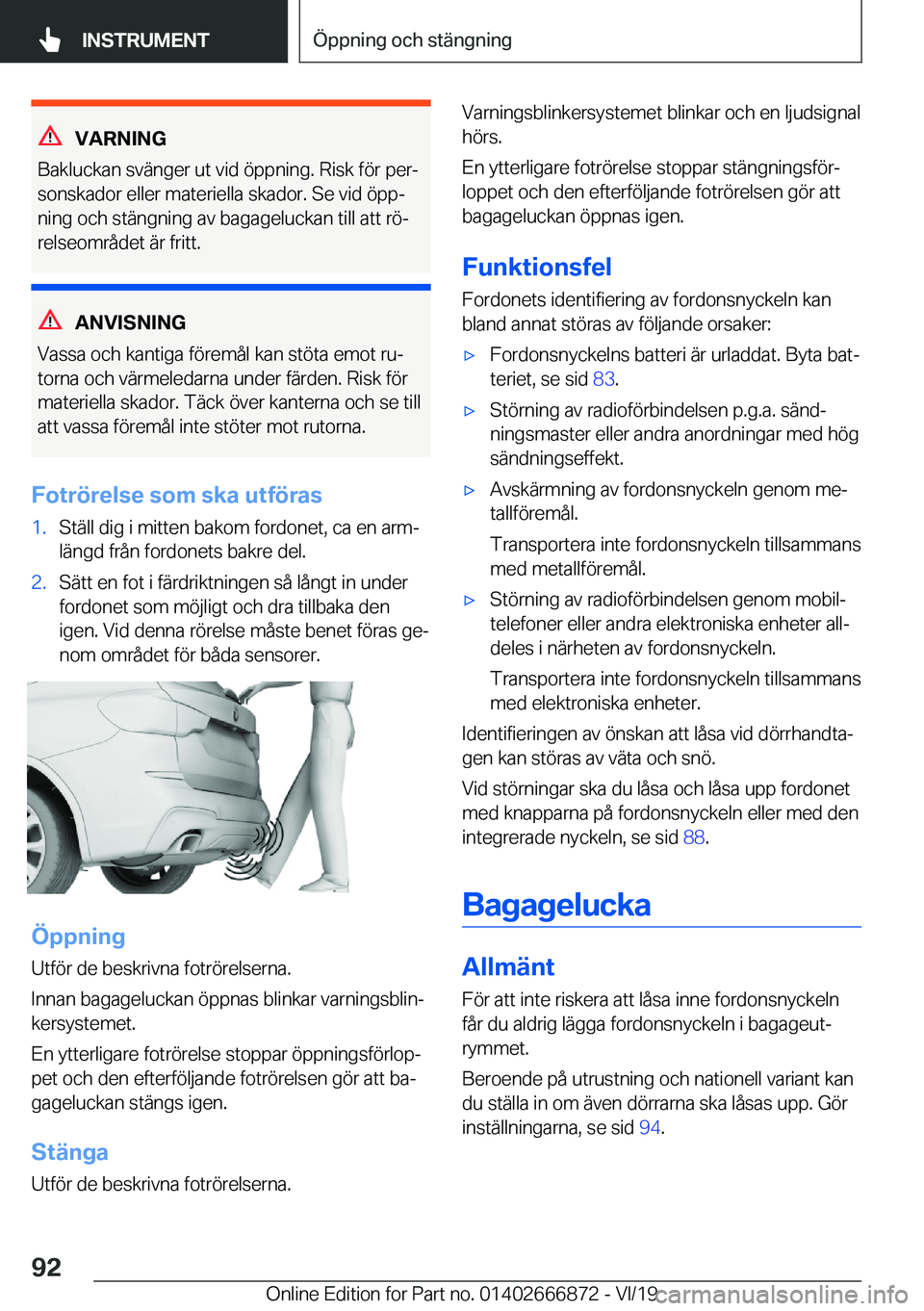 BMW X4 M 2020  InstruktionsbÖcker (in Swedish) �V�A�R�N�I�N�G
�B�a�k�l�u�c�k�a�n��s�v�ä�n�g�e�r��u�t��v�i�d��