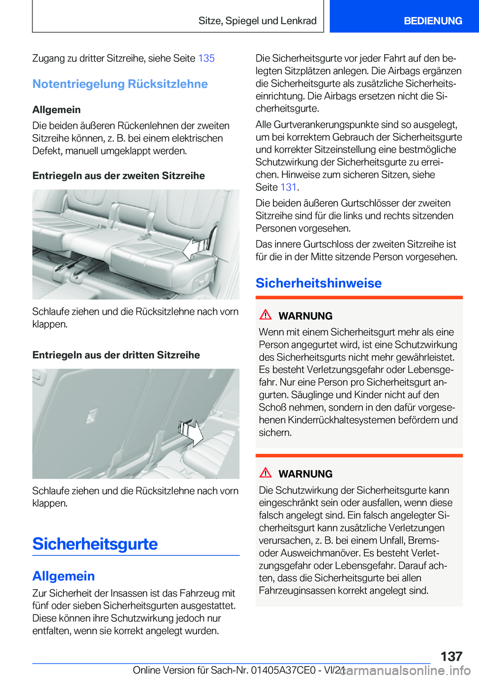 BMW X5 2022  Betriebsanleitungen (in German) �Z�u�g�a�n�g��z�u��d�r�i�t�t�e�r��S�i�t�z�r�e�i�h�e�,��s�i�e�h�e��S�e�i�t�e��1�3�5
�N�o�t�e�n�t�r�i�e�g�e�l�u�n�g��R�