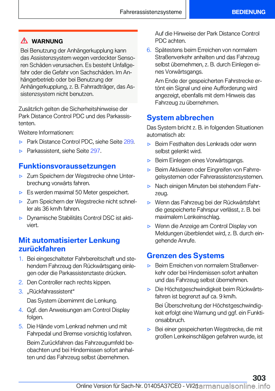BMW X5 2022  Betriebsanleitungen (in German) �W�A�R�N�U�N�G
�B�e�i��B�e�n�u�t�z�u�n�g��d�e�r��A�n�h�