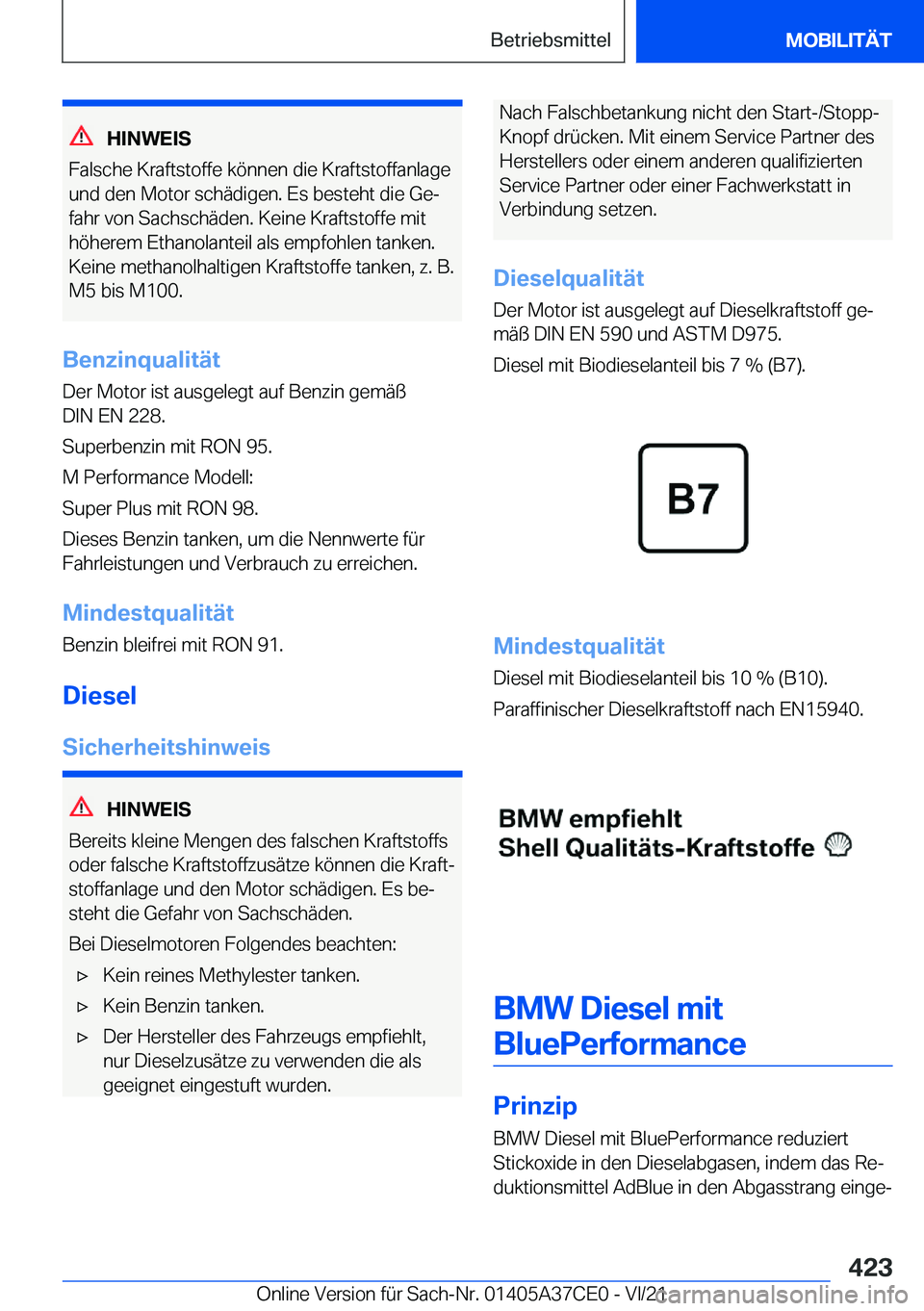 BMW X5 2022  Betriebsanleitungen (in German) �H�I�N�W�E�I�S
�F�a�l�s�c�h�e��K�r�a�f�t�s�t�o�f�f�e��k�