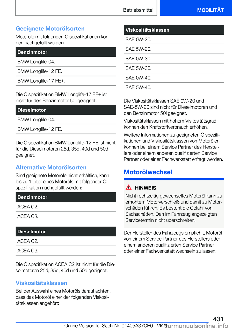 BMW X5 2022  Betriebsanleitungen (in German) �G�e�e�i�g�n�e�t�e��M�o�t�o�r�