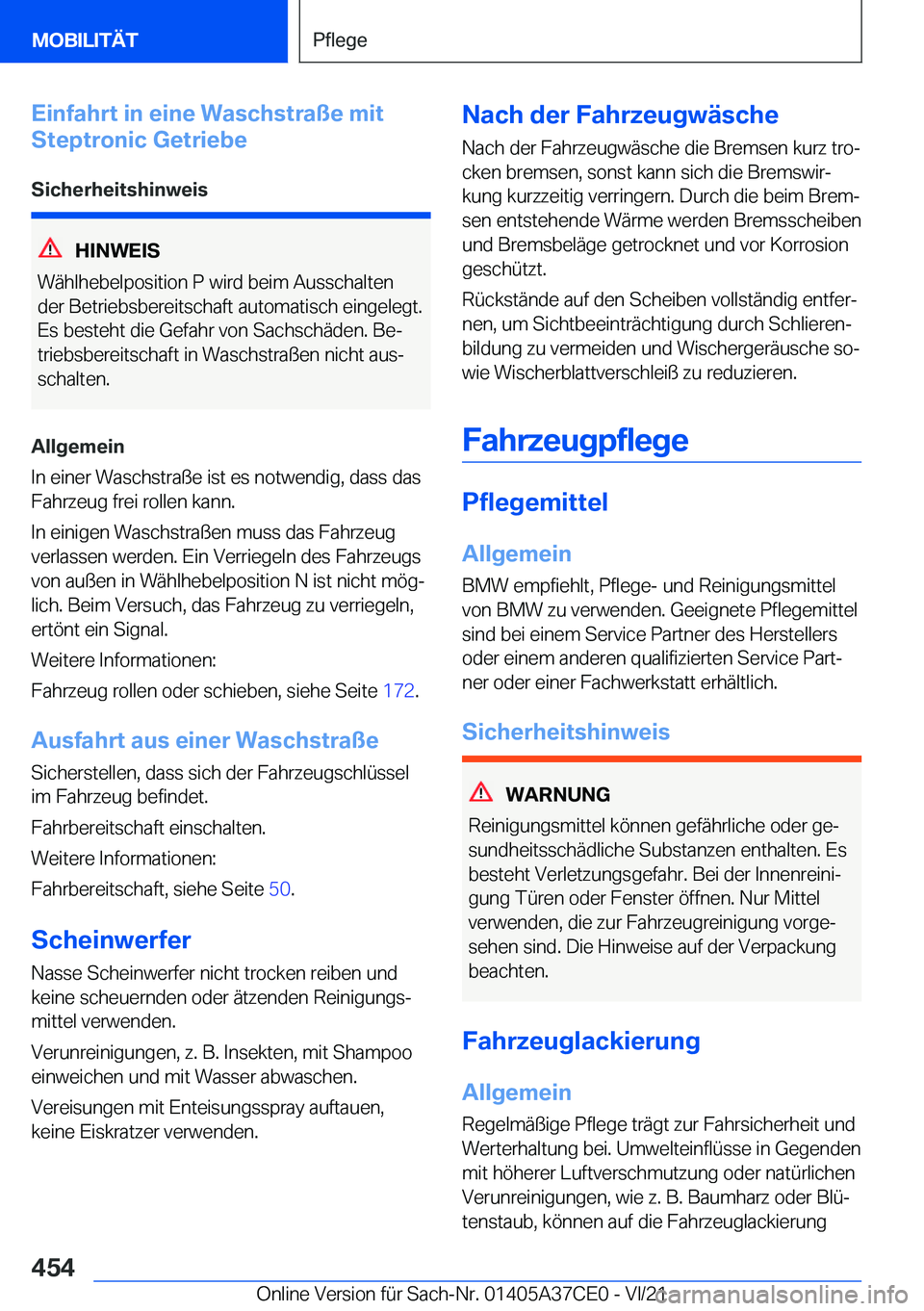 BMW X5 2022  Betriebsanleitungen (in German) �E�i�n�f�a�h�r�t��i�n��e�i�n�e��W�a�s�c�h�s�t�r�a�