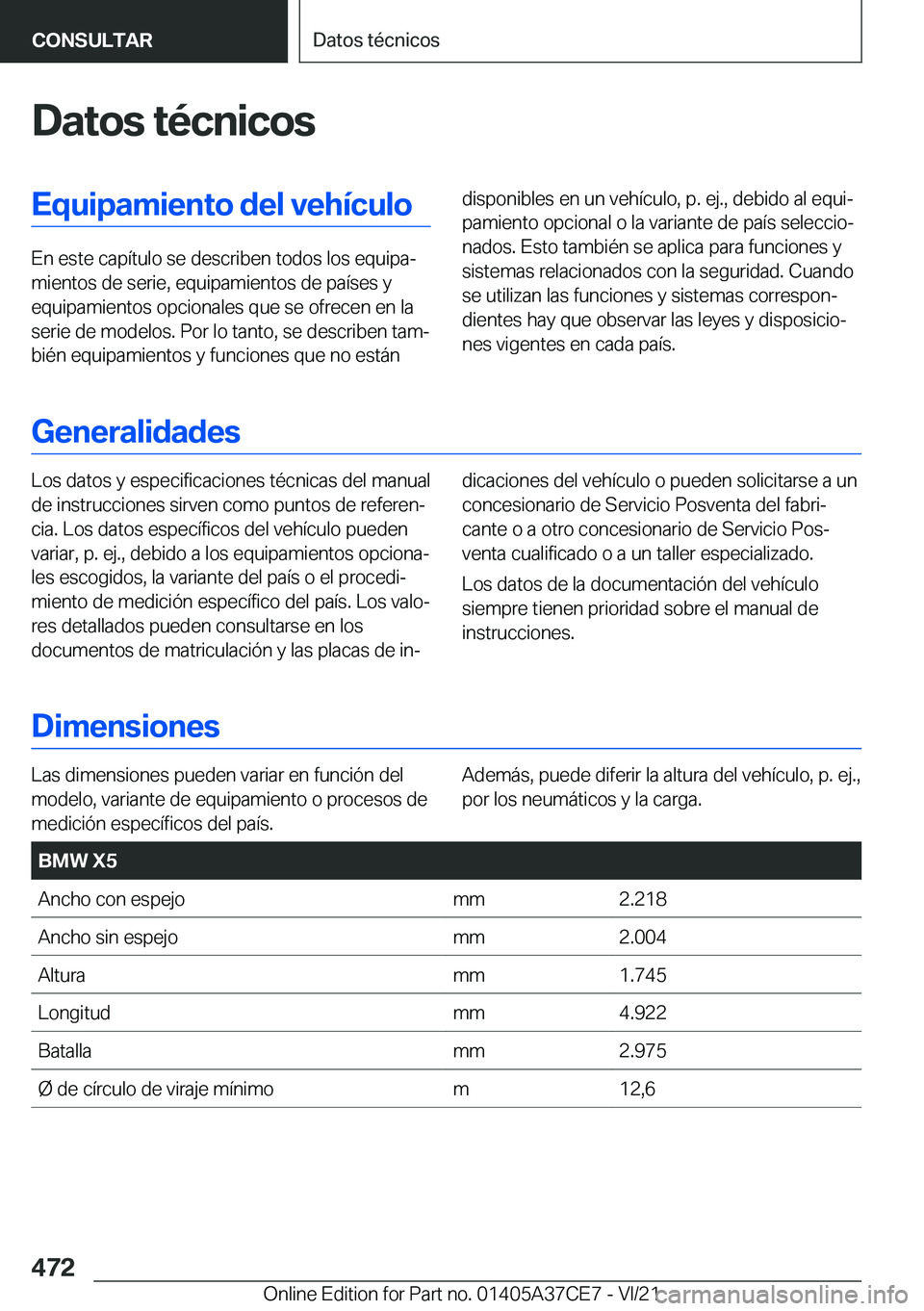 BMW X5 2022  Manuales de Empleo (in Spanish) �D�a�t�o�s��t�