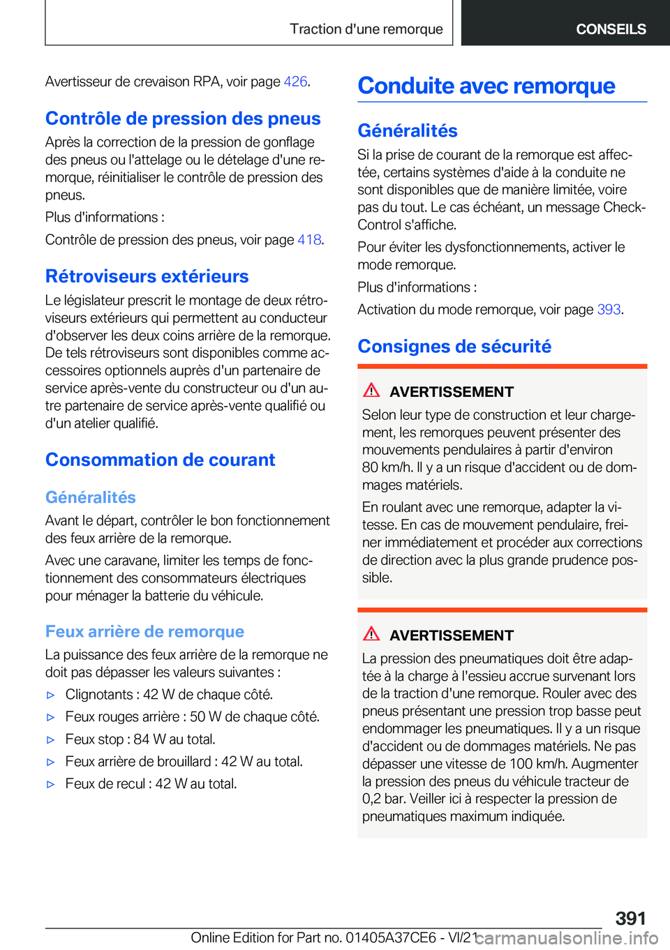 BMW X5 2022  Notices Demploi (in French) �A�v�e�r�t�i�s�s�e�u�r��d�e��c�r�e�v�a�i�s�o�n��R�P�A�,��v�o�i�r��p�a�g�e��4�2�6�.
�C�o�n�t�r�
