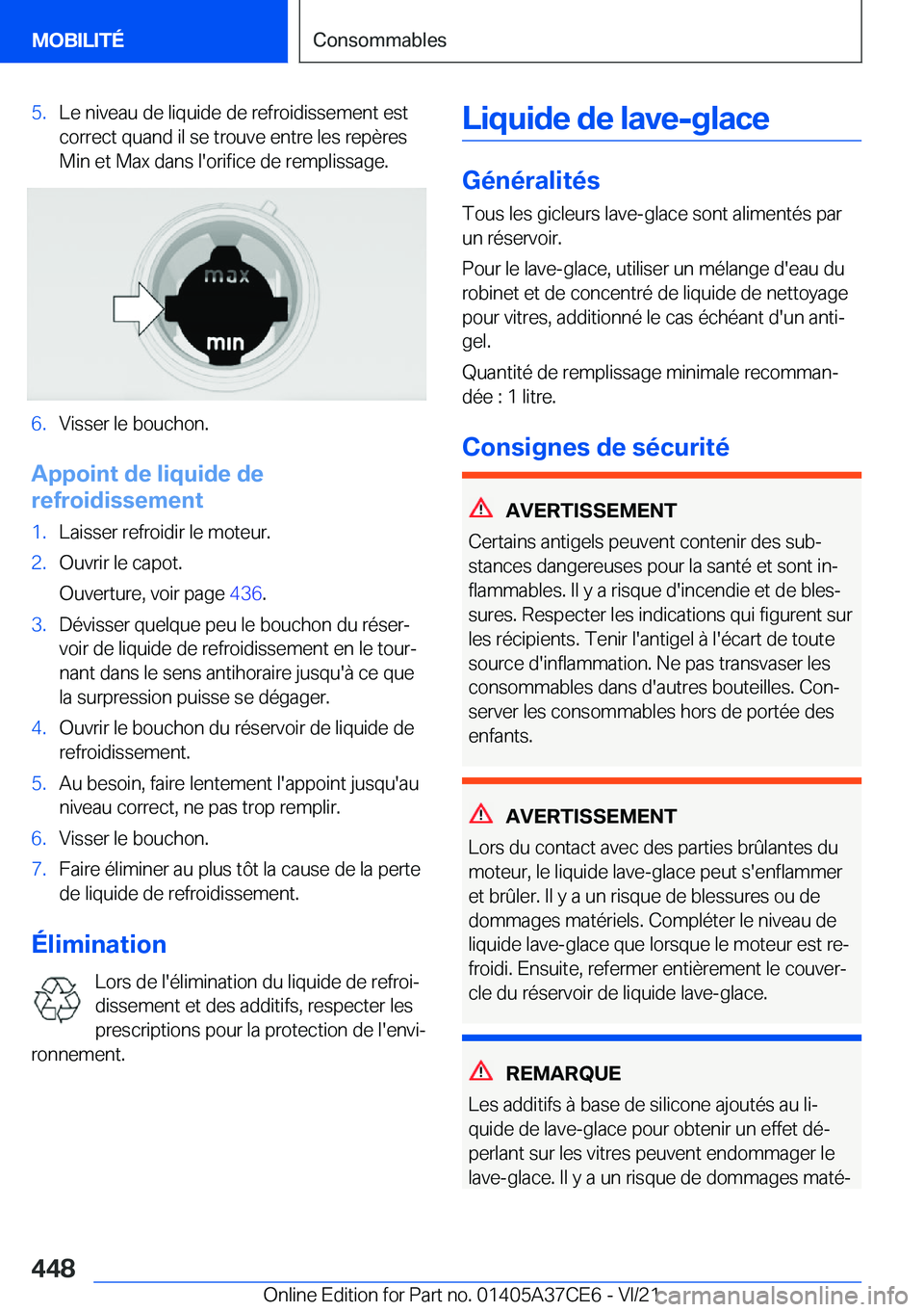 BMW X5 2022  Notices Demploi (in French) �5�.�L�e��n�i�v�e�a�u��d�e��l�i�q�u�i�d�e��d�e��r�e�f�r�o�i�d�i�s�s�e�m�e�n�t��e�s�t�c�o�r�r�e�c�t��q�u�a�n�d��i�l��s�e��t�r�o�u�v�e��e�n�t�r�e��l�e�s��r�e�p�è�r�e�s�M�i�n��e�t��M�a�x�