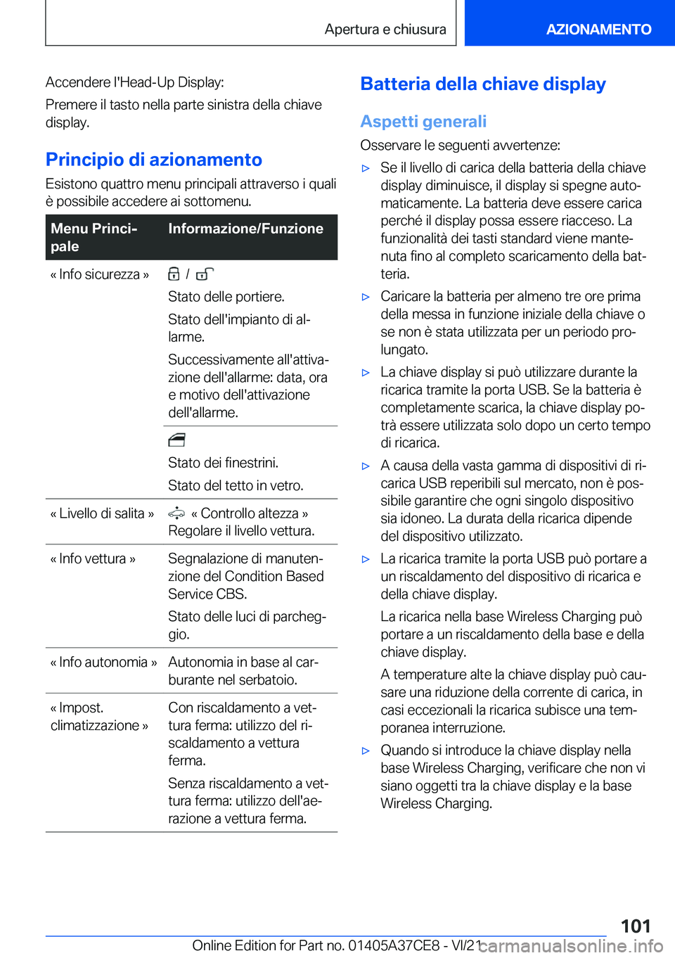 BMW X5 2022  Libretti Di Uso E manutenzione (in Italian) �A�c�c�e�n�d�e�r�e��l�'�H�e�a�d�-�U�p��D�i�s�p�l�a�y�:
�P�r�e�m�e�r�e��i�l��t�a�s�t�o��n�e�l�l�a��p�a�r�t�e��s�i�n�i�s�t�r�a��d�e�l�l�a��c�h�i�a�v�e �d�i�s�p�l�a�y�.
�P�r�i�n�c�i�p�i�o��