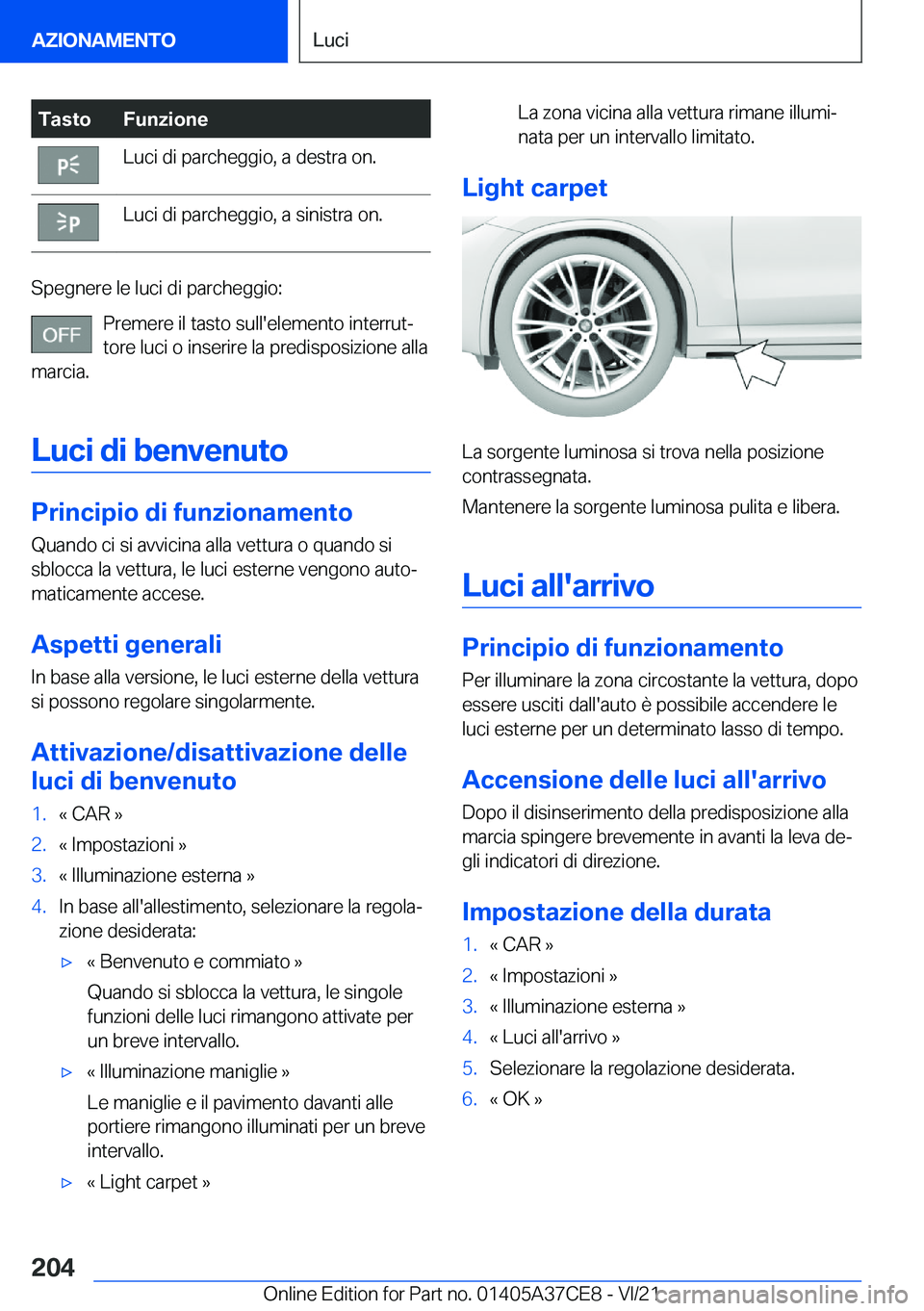 BMW X5 2022  Libretti Di Uso E manutenzione (in Italian) �T�a�s�t�o�F�u�n�z�i�o�n�e�L�u�c�i��d�i��p�a�r�c�h�e�g�g�i�o�,��a��d�e�s�t�r�a��o�n�.�L�u�c�i��d�i��p�a�r�c�h�e�g�g�i�o�,��a��s�i�n�i�s�t�r�a��o�n�.
�S�p�e�g�n�e�r�e��l�e��l�u�c�i��d�i��