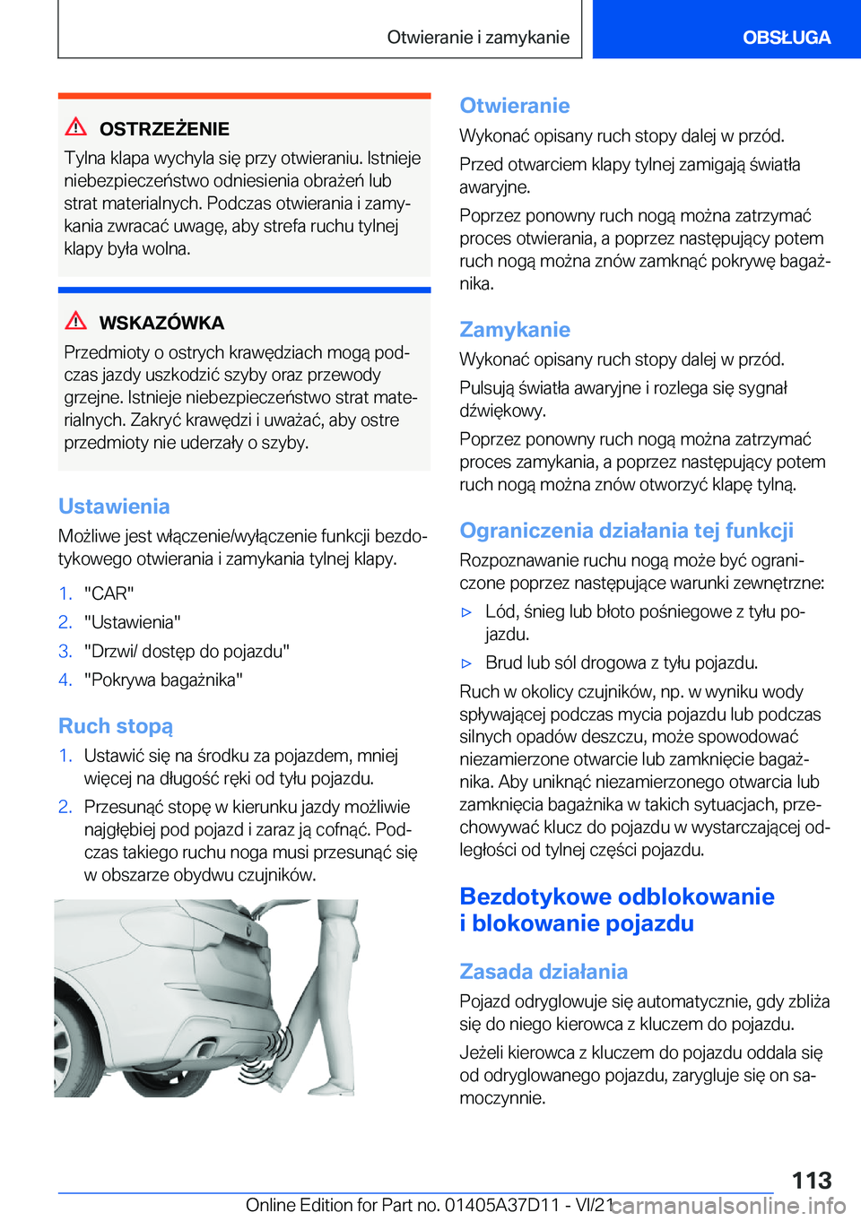 BMW X5 2022  Instrukcja obsługi (in Polish) �O�S�T�R�Z�E8�E�N�I�E
�T�y�l�n�a��k�l�a�p�a��w�y�c�h�y�l�a��s�i�
