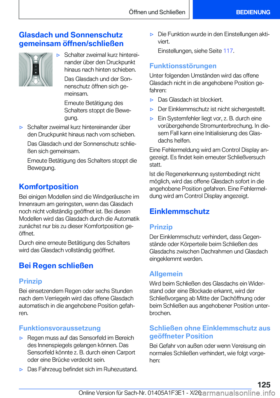 BMW X5 2021  Betriebsanleitungen (in German) �G�l�a�s�d�a�c�h��u�n�d��S�o�n�n�e�n�s�c�h�u�t�z
�g�e�m�e�i�n�s�a�m��