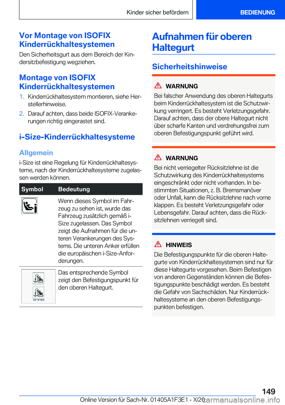 BMW X5 2021  Betriebsanleitungen (in German) �V�o�r��M�o�n�t�a�g�e��v�o�n��I�S�O�F�I�X
�K�i�n�d�e�r�r�