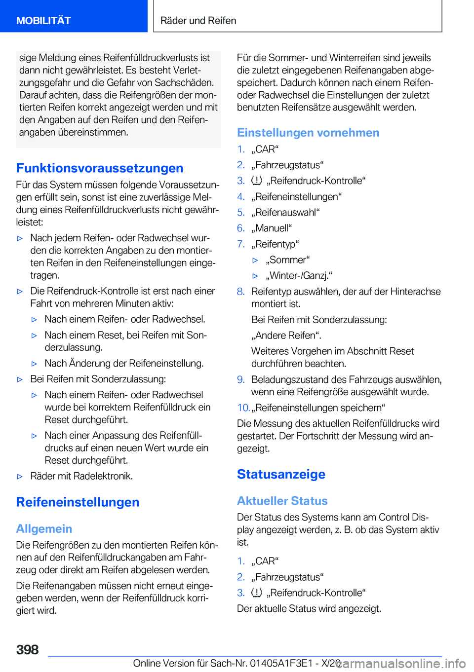 BMW X5 2021  Betriebsanleitungen (in German) �s�i�g�e��M�e�l�d�u�n�g��e�i�n�e�s��R�e�i�f�e�n�f�