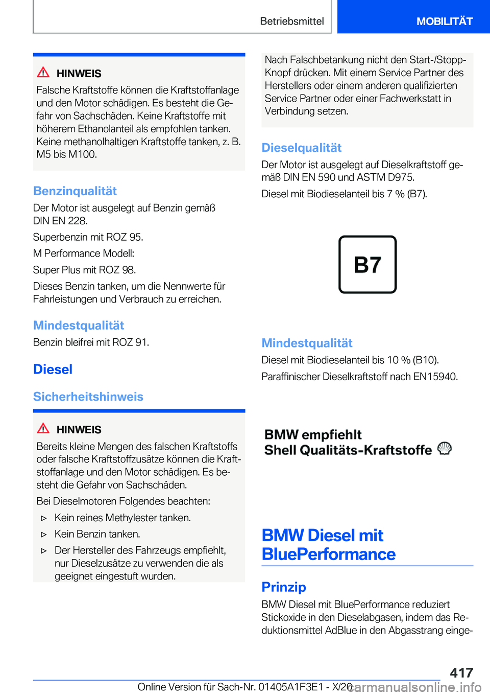 BMW X5 2021  Betriebsanleitungen (in German) �H�I�N�W�E�I�S
�F�a�l�s�c�h�e��K�r�a�f�t�s�t�o�f�f�e��k�