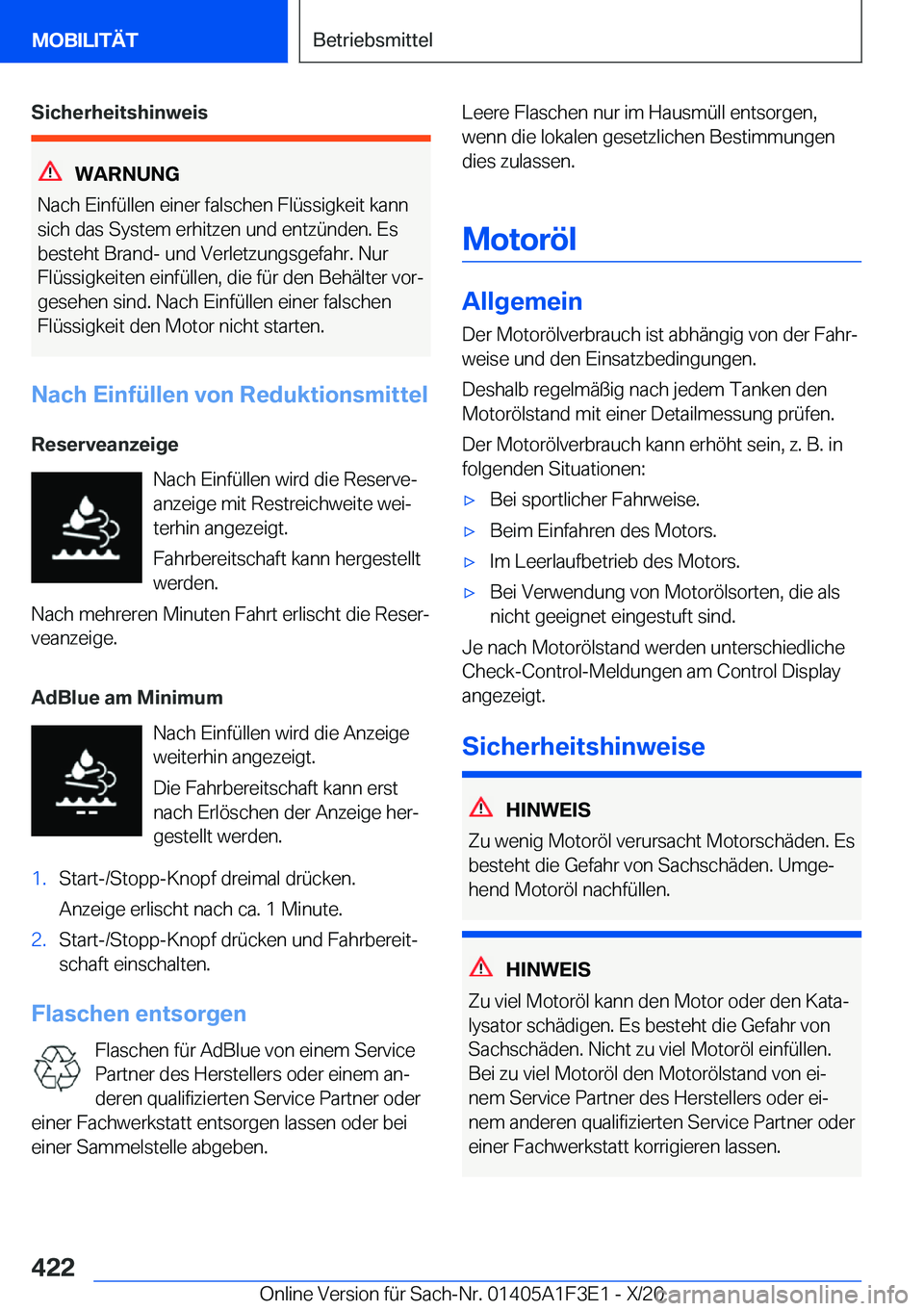 BMW X5 2021  Betriebsanleitungen (in German) �S�i�c�h�e�r�h�e�i�t�s�h�i�n�w�e�i�s
�W�A�R�N�U�N�G
�N�a�c�h��E�i�n�f�