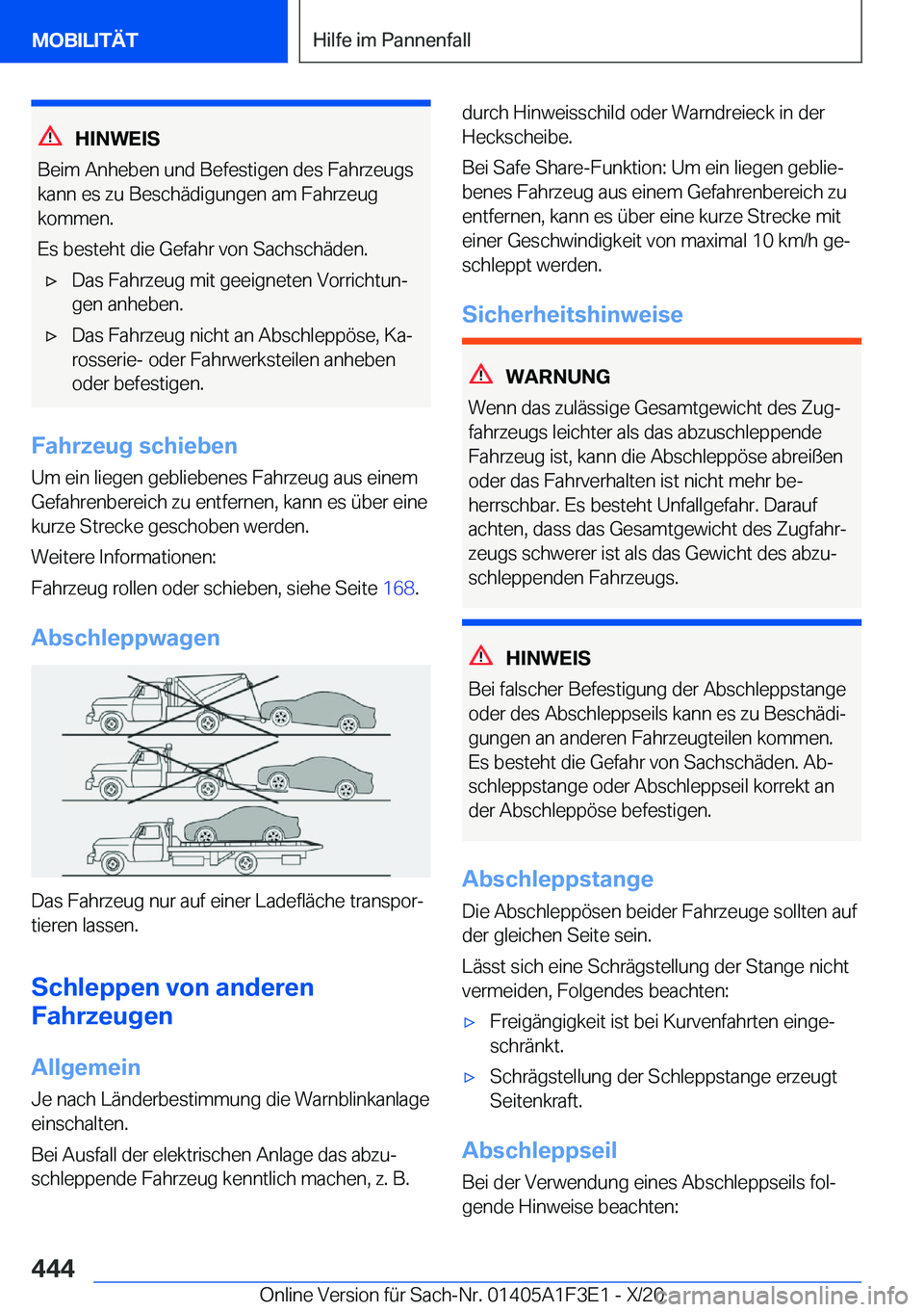 BMW X5 2021  Betriebsanleitungen (in German) �H�I�N�W�E�I�S
�B�e�i�m��A�n�h�e�b�e�n��u�n�d��B�e�f�e�s�t�i�g�e�n��d�e�s��F�a�h�r�z�e�u�g�s
�k�a�n�n��e�s��z�u��B�e�s�c�h�