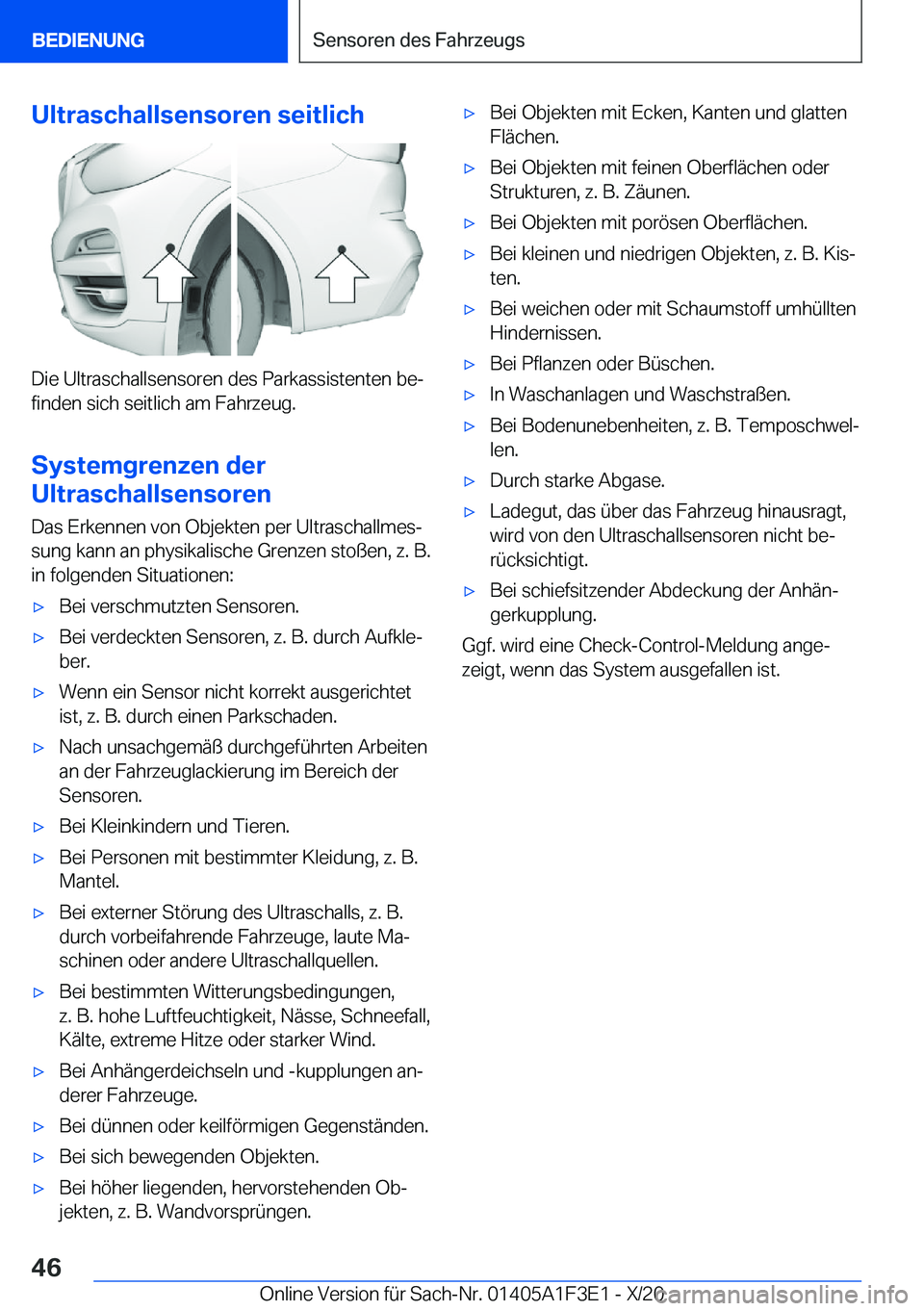 BMW X5 2021  Betriebsanleitungen (in German) �U�l�t�r�a�s�c�h�a�l�l�s�e�n�s�o�r�e�n��s�e�i�t�l�i�c�h
�D�i�e��U�l�t�r�a�s�c�h�a�l�l�s�e�n�s�o�r�e�n��d�e�s��P�a�r�k�a�s�s�i�s�t�e�n�t�e�n��b�ej�f�i�n�d�e�n��s�i�c�h��s�e�i�t�l�i�c�h��a�m��