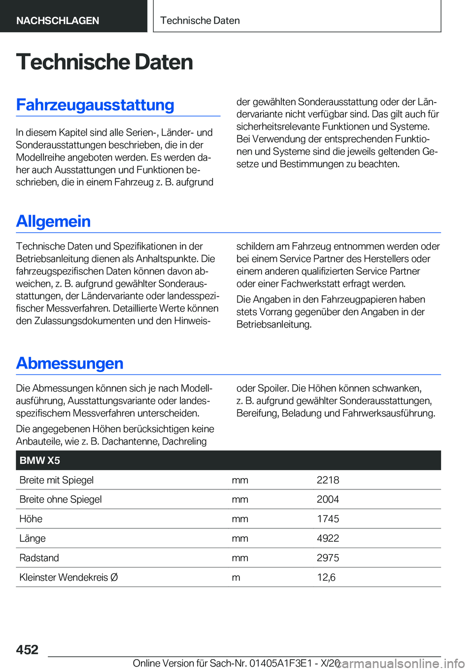 BMW X5 2021  Betriebsanleitungen (in German) �T�e�c�h�n�i�s�c�h�e��D�a�t�e�n�F�a�h�r�z�e�u�g�a�u�s�s�t�a�t�t�u�n�g
�I�n��d�i�e�s�e�m��K�a�p�i�t�e�l��s�i�n�d��a�l�l�e��S�e�r�i�e�n�-�,��L�