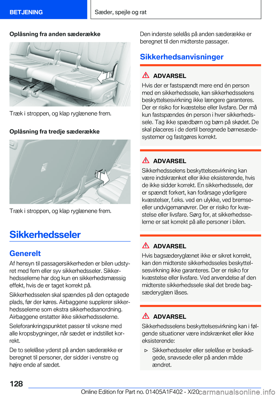 BMW X5 2021  InstruktionsbØger (in Danish) �O�p�l�å�s�n�i�n�g��f�r�a��a�n�d�e�n��s�æ�d�e�r�æ�k�k�e
�T�r�æ�k��i��s�t�r�o�p�p�e�n�,��o�g��k�l�a�p��r�y�g�l�æ�n�e�n�e��f�r�e�m�.�O�p�l�å�s�n�i�n�g��f�r�a��t�r�e�d�j�e��s�æ�d�e�r�