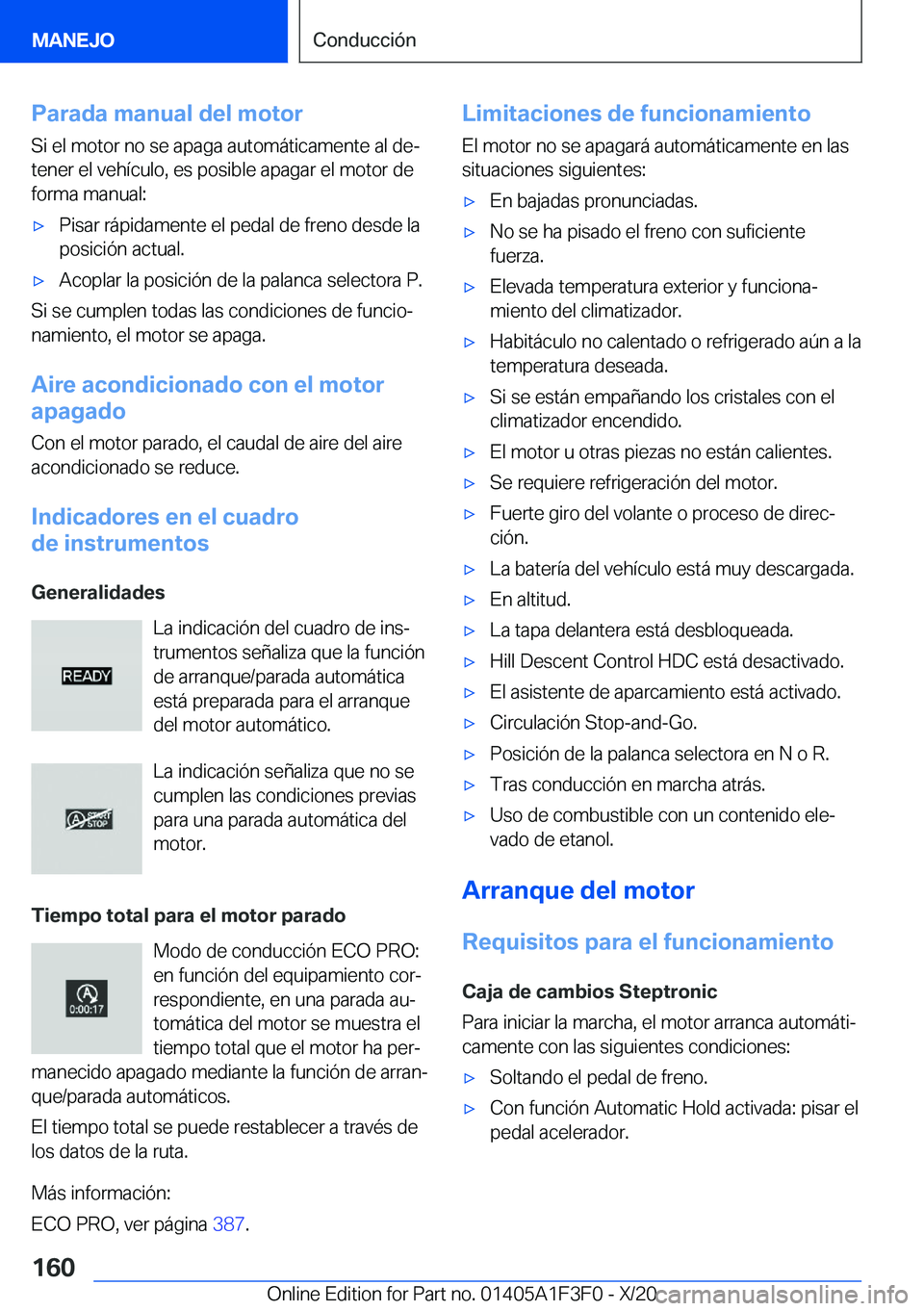 BMW X5 2021  Manuales de Empleo (in Spanish) �P�a�r�a�d�a��m�a�n�u�a�l��d�e�l��m�o�t�o�r
�S�i��e�l��m�o�t�o�r��n�o��s�e��a�p�a�g�a��a�u�t�o�m�