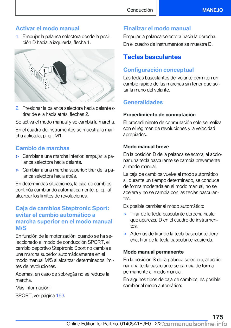 BMW X5 2021  Manuales de Empleo (in Spanish) �A�c�t�i�v�a�r��e�l��m�o�d�o��m�a�n�u�a�l�1�.�E�m�p�u�j�a�r��l�a��p�a�l�a�n�c�a��s�e�l�e�c�t�o�r�a��d�e�s�d�e��l�a��p�o�s�iª
�c�i�
