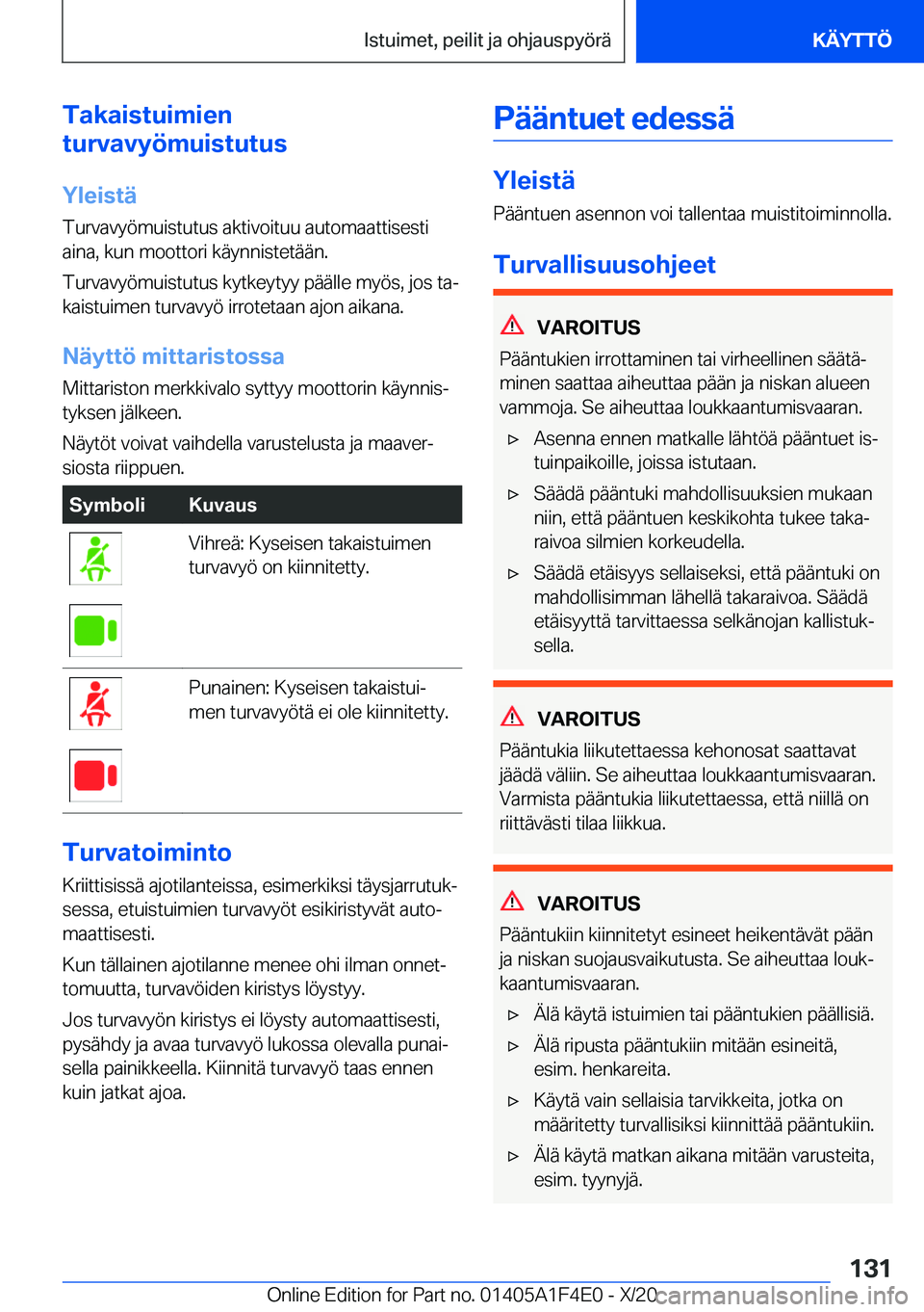 BMW X5 2021  Omistajan Käsikirja (in Finnish) �T�a�k�a�i�s�t�u�i�m�i�e�n
�t�u�r�v�a�v�y�