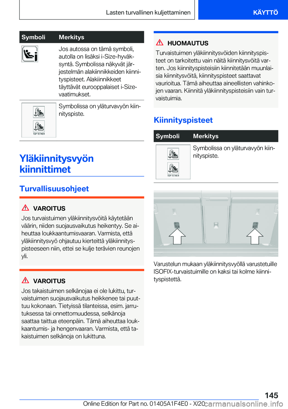 BMW X5 2021  Omistajan Käsikirja (in Finnish) �S�y�m�b�o�l�i�M�e�r�k�i�t�y�s�J�o�s��a�u�t�o�s�s�a��o�n��t�