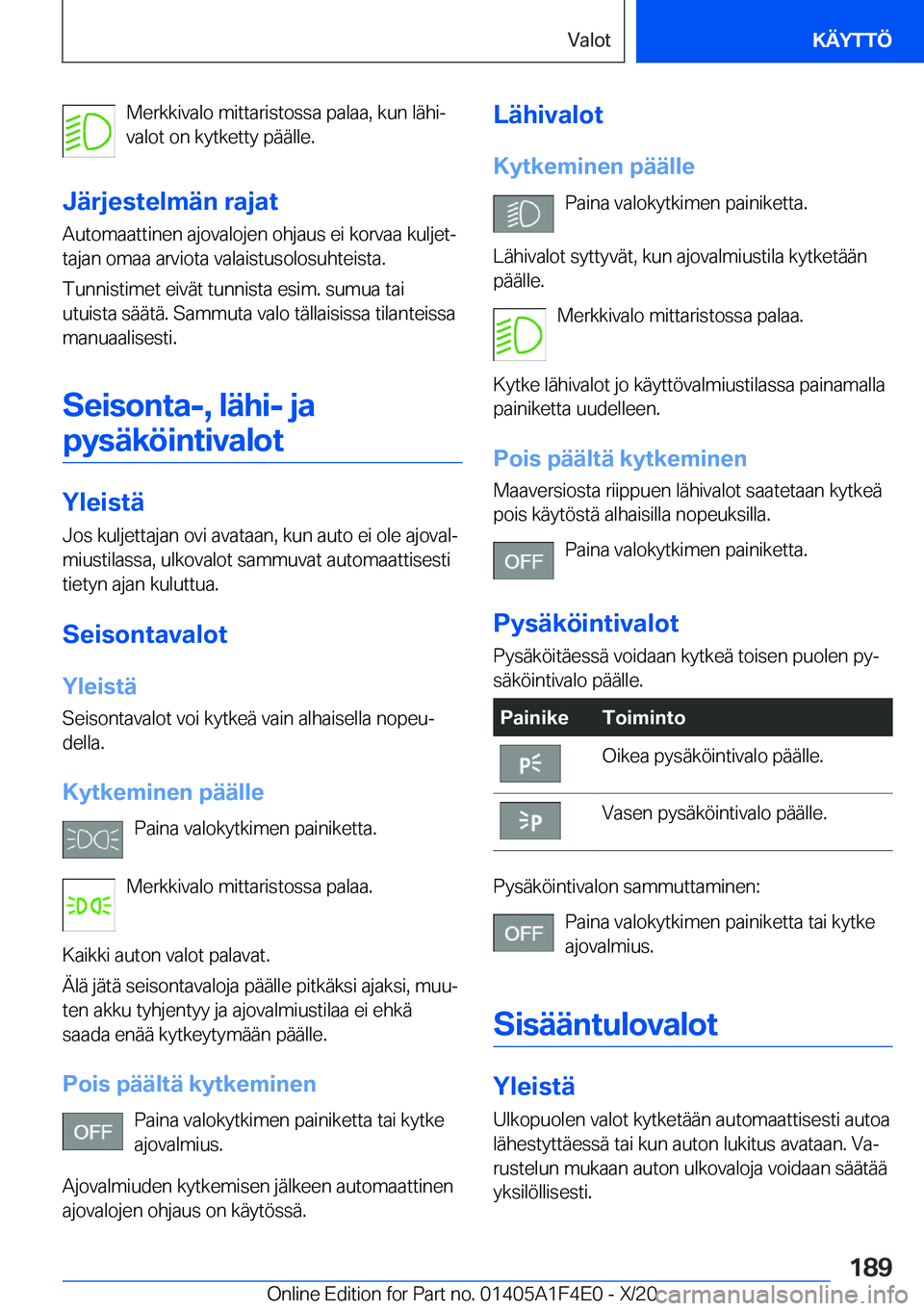 BMW X5 2021  Omistajan Käsikirja (in Finnish) �M�e�r�k�k�i�v�a�l�o��m�i�t�t�a�r�i�s�t�o�s�s�a��p�a�l�a�a�,��k�u�n��l�