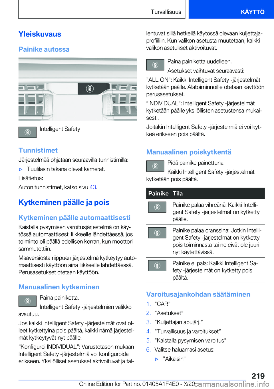 BMW X5 2021  Omistajan Käsikirja (in Finnish) �Y�l�e�i�s�k�u�v�a�u�s
�P�a�i�n�i�k�e��a�u�t�o�s�s�a
�I�n�t�e�l�l�i�g�e�n�t��S�a�f�e�t�y
�T�u�n�n�i�s�t�i�m�e�t
�J�