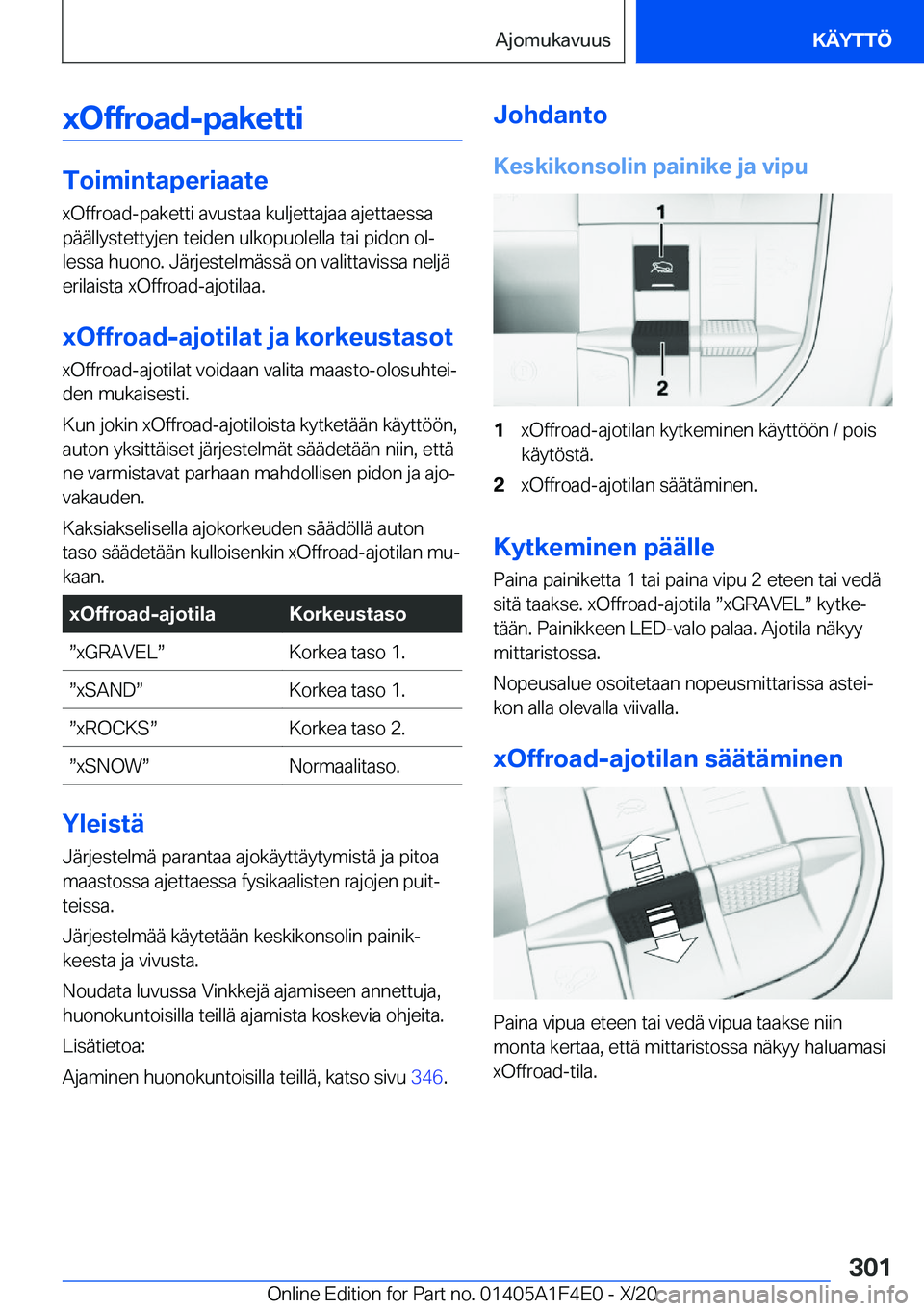 BMW X5 2021  Omistajan Käsikirja (in Finnish) �x�O�f�f�r�o�a�d�-�p�a�k�e�t�t�i
�T�o�i�m�i�n�t�a�p�e�r�i�a�a�t�e�x�O�f�f�r�o�a�d�-�p�a�k�e�t�t�i��a�v�u�s�t�a�a��k�u�l�j�e�t�t�a�j�a�a��a�j�e�t�t�a�e�s�s�a
�p�