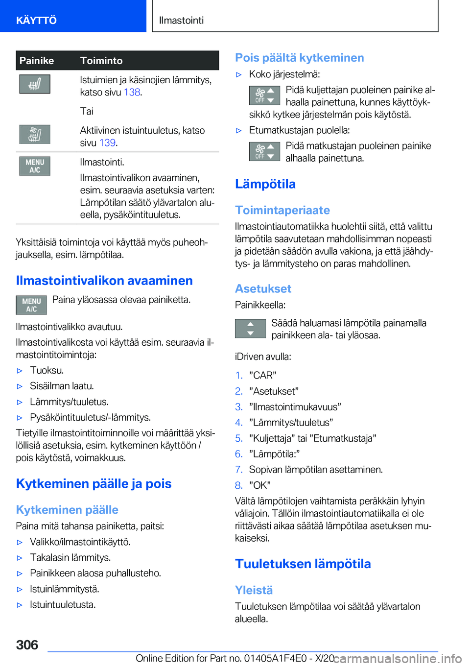 BMW X5 2021  Omistajan Käsikirja (in Finnish) �P�a�i�n�i�k�e�T�o�i�m�i�n�t�o�I�s�t�u�i�m�i�e�n��j�a��k�