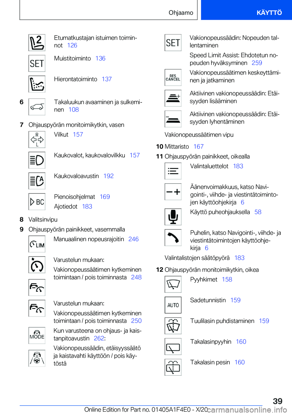 BMW X5 2021  Omistajan Käsikirja (in Finnish) �E�t�u�m�a�t�k�u�s�t�a�j�a�n��i�s�t�u�i�m�e�n��t�o�i�m�i�nj
�n�o�t\_ �1�2�6�M�u�i�s�t�i�t�o�i�m�i�n�t�o\_ �1�3�6�H�i�e�r�o�n�t�a�t�o�i�m�i�n�t�o\_ �1�3�7�6�T�a�k�a�l�u�u�k�u�n��a�v�a�a�m�i�n