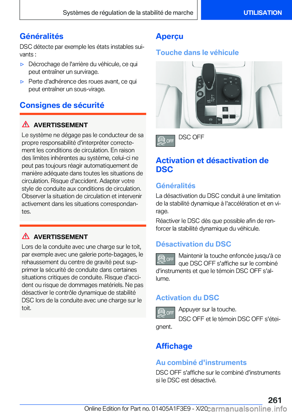 BMW X5 2021  Notices Demploi (in French) �G�é�n�é�r�a�l�i�t�é�s�D�S�C��d�é�t�e�c�t�e��p�a�r��e�x�e�m�p�l�e��l�e�s��é�t�a�t�s��i�n�s�t�a�b�l�e�s��s�u�ij
�v�a�n�t�s��:'x�D�é�c�r�o�c�h�a�g�e��d�e��l�'�a�r�r�i�è�r�e��d