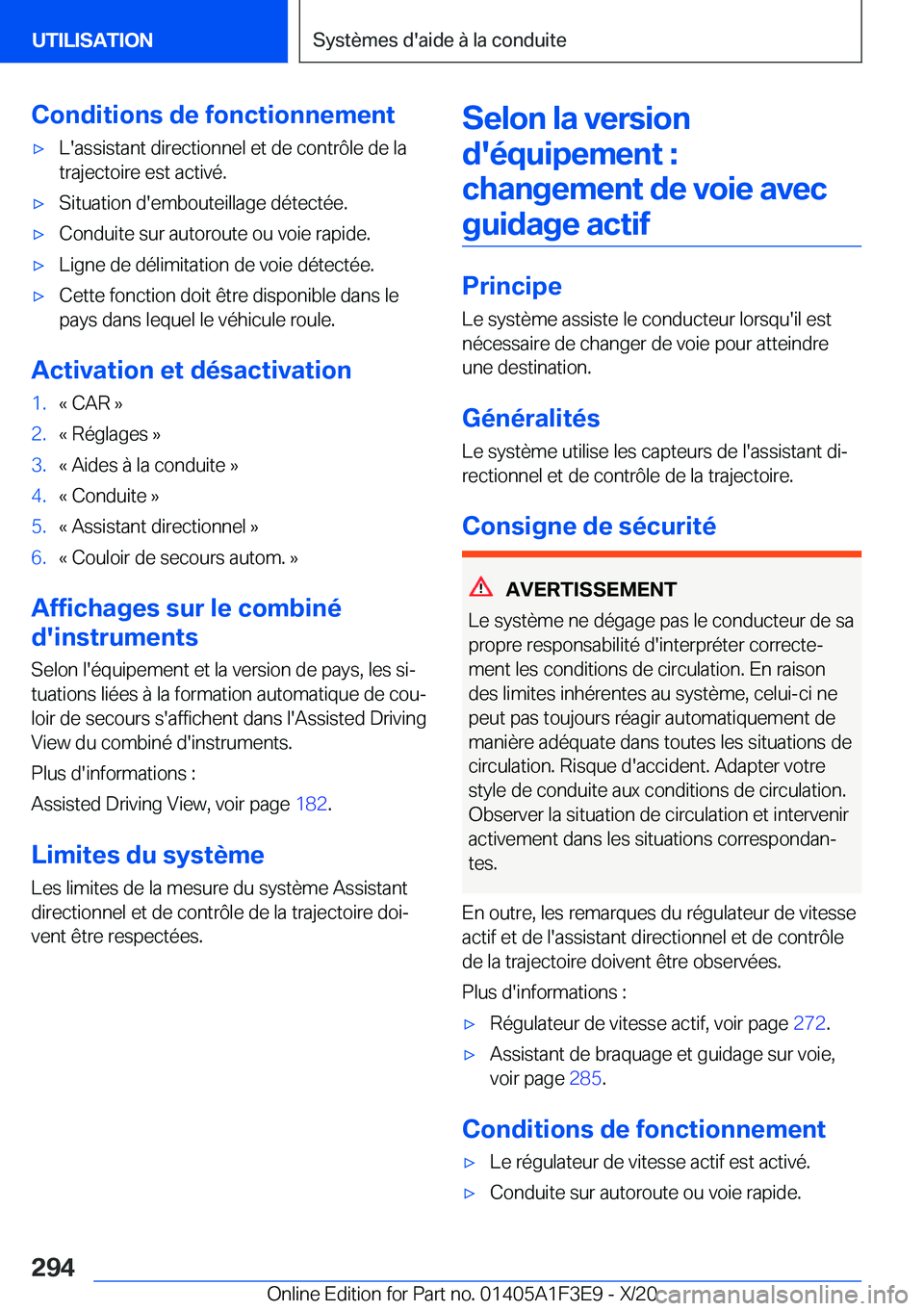 BMW X5 2021  Notices Demploi (in French) �C�o�n�d�i�t�i�o�n�s��d�e��f�o�n�c�t�i�o�n�n�e�m�e�n�t'x�L�'�a�s�s�i�s�t�a�n�t��d�i�r�e�c�t�i�o�n�n�e�l��e�t��d�e��c�o�n�t�r�