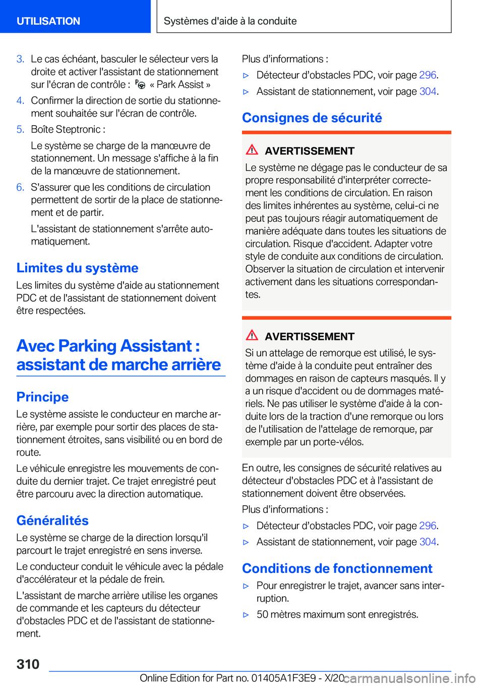 BMW X5 2021  Notices Demploi (in French) �3�.�L�e��c�a�s��é�c�h�é�a�n�t�,��b�a�s�c�u�l�e�r��l�e��s�é�l�e�c�t�e�u�r��v�e�r�s��l�a�d�r�o�i�t�e��e�t��a�c�t�i�v�e�r��l�'�a�s�s�i�s�t�a�n�t��d�e��s�t�a�t�i�o�n�n�e�m�e�n�t�s�u�r�