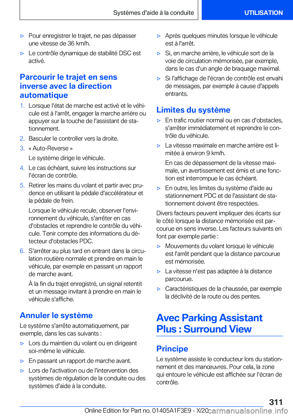 BMW X5 2021  Notices Demploi (in French) 'x�P�o�u�r��e�n�r�e�g�i�s�t�r�e�r��l�e��t�r�a�j�e�t�,��n�e��p�a�s��d�é�p�a�s�s�e�r
�u�n�e��v�i�t�e�s�s�e��d�e��3�6��k�m�/�h�.'x�L�e��c�o�n�t�r�