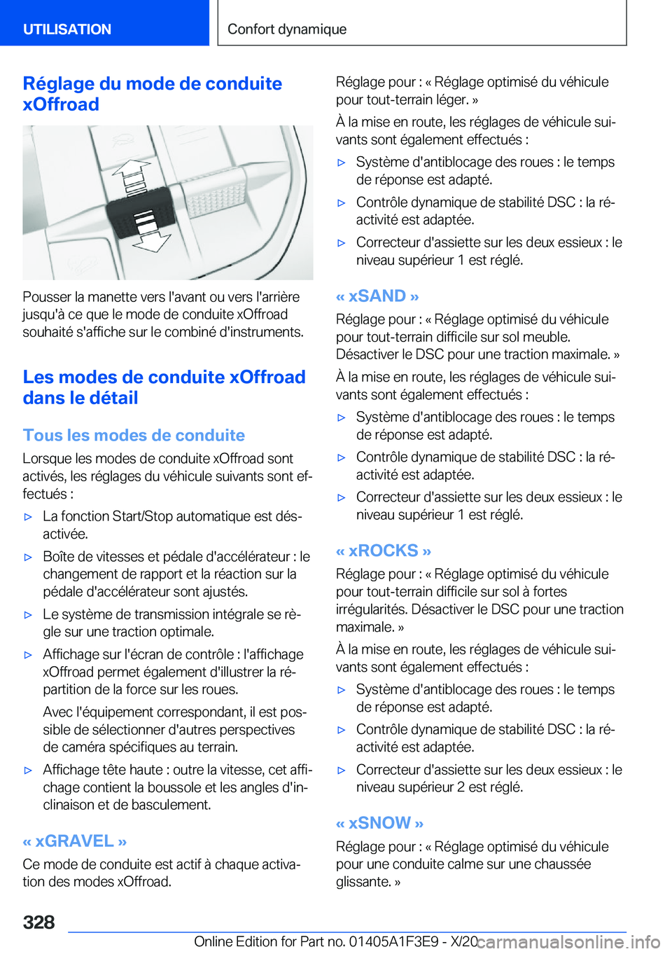 BMW X5 2021  Notices Demploi (in French) �R�é�g�l�a�g�e��d�u��m�o�d�e��d�e��c�o�n�d�u�i�t�e
�x�O�f�f�r�o�a�d
�P�o�u�s�s�e�r��l�a��m�a�n�e�t�t�e��v�e�r�s��l�'�a�v�a�n�t��o�u��v�e�r�s��l�'�a�r�r�i�è�r�e �j�u�s�q�u�'�